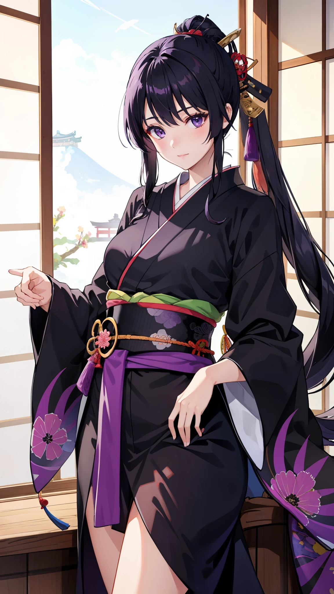 a young beautiful girl in a Japanese room, sunny day, long black hair, purple eyes, black kimono, katana on his waist.