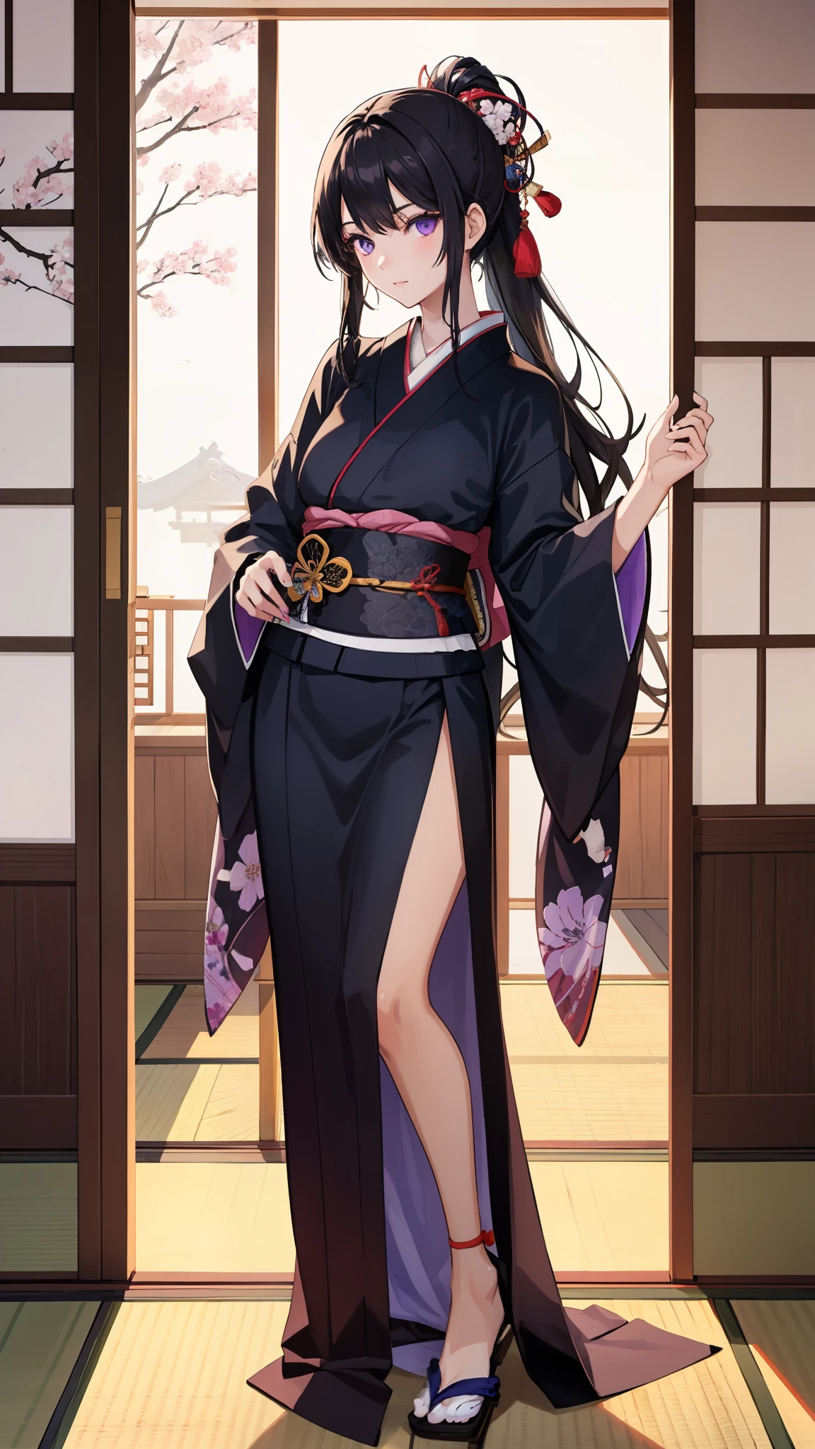 a young beautiful girl in a Japanese room, sunny day, long black hair, purple eyes, black kimono, katana on his waist.