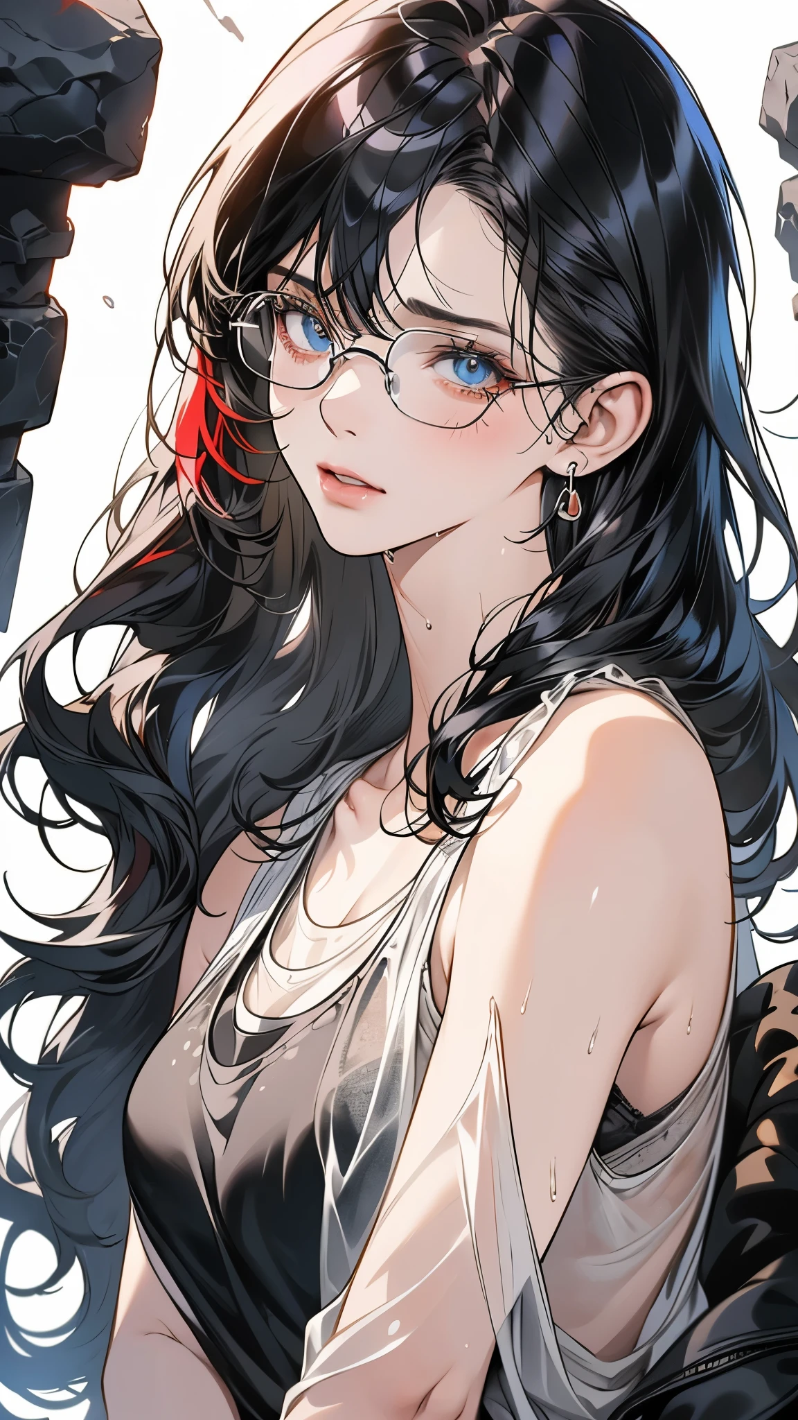 1 female,black hair, ,((impatient look)),beautiful breasts,thin white tank top,good style,,(facing the front)(((cheeks turn red、surprised expression)),(),((( upper body portrait)))frameless glasses,blue eyes,(((The bangs are even)))((See-through))sexy bra(wet state)