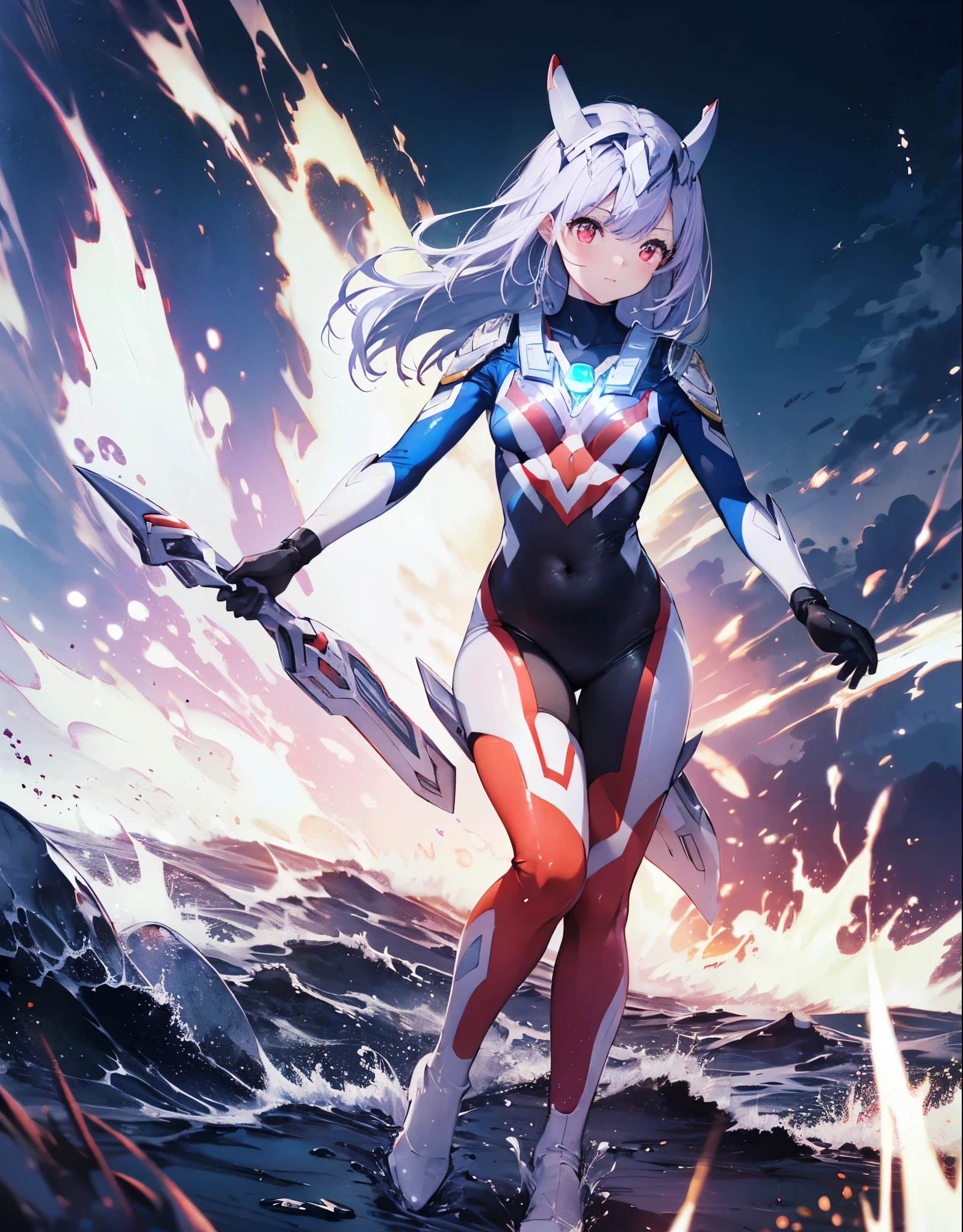 highest quality, ultra detail, High quality CG drawing, The most delicate and beautiful, Floating gently, High resolution, (1 girl), (Highest image quality,4K,8K,masterpiece:1.2)light purple hair,Bunny ears,long hair,red eyes, (ultra girl :1.0), (black ultraman bodysuit:1.4),slightly bigger breasts