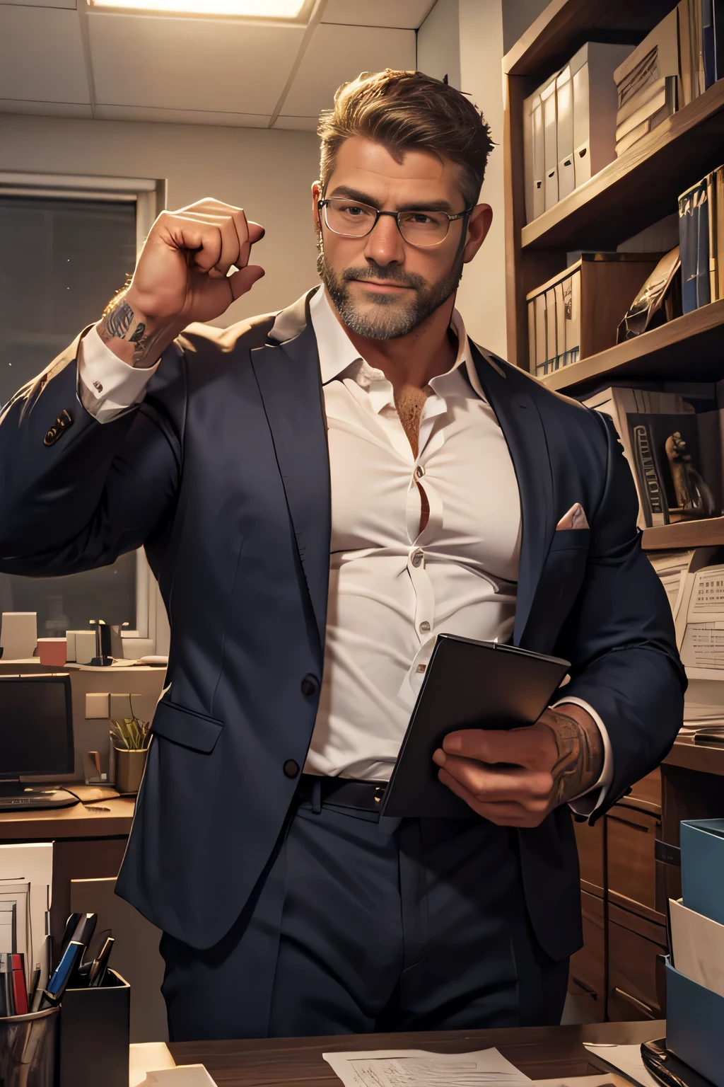 Award-winning original photo, a wild muscular man (40 years old daddy:1.1), beards, burly, hunk, (office suits), eyeglasses,  tattoo on a forearm, detailed, lovely, from the front