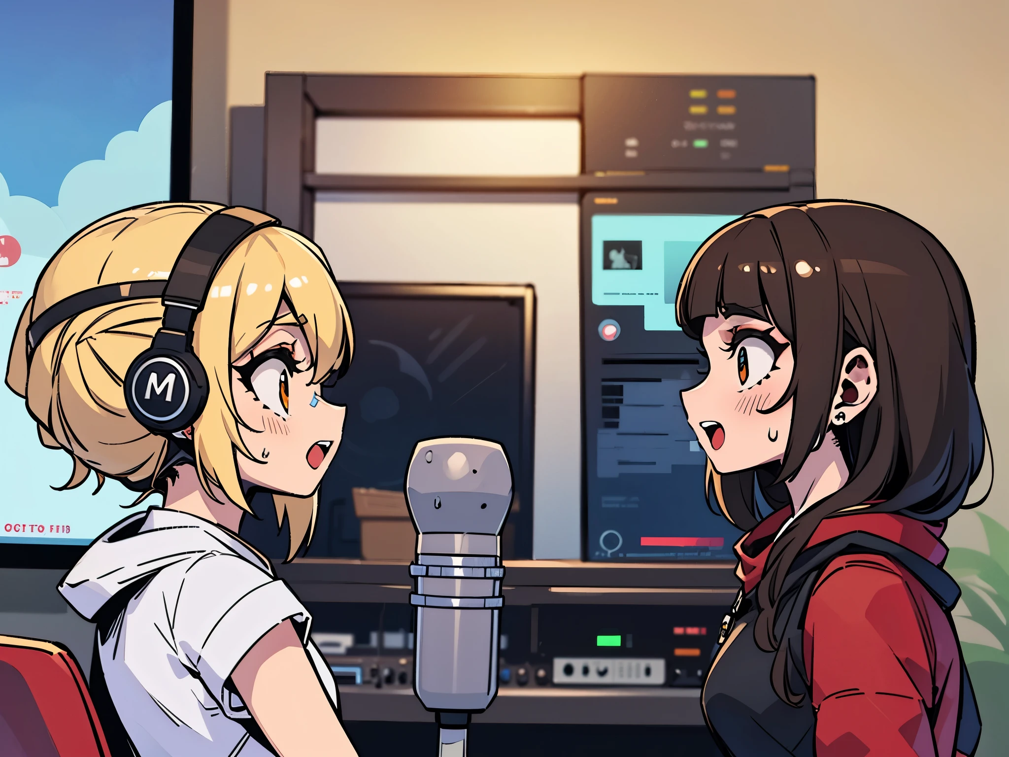 blonde, girl, radioパーソナリティ, microphone, Screaming, No sleeve, indoor, radio, recording, recording, make a sound, program, broadcast, studio, studio内, interview, On-air, presenter, radioprogram, audition