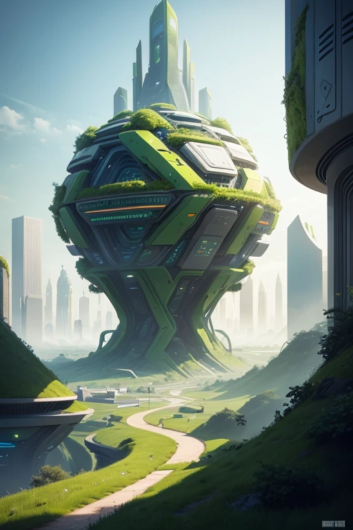 A complex grass Structure in a futuristic city