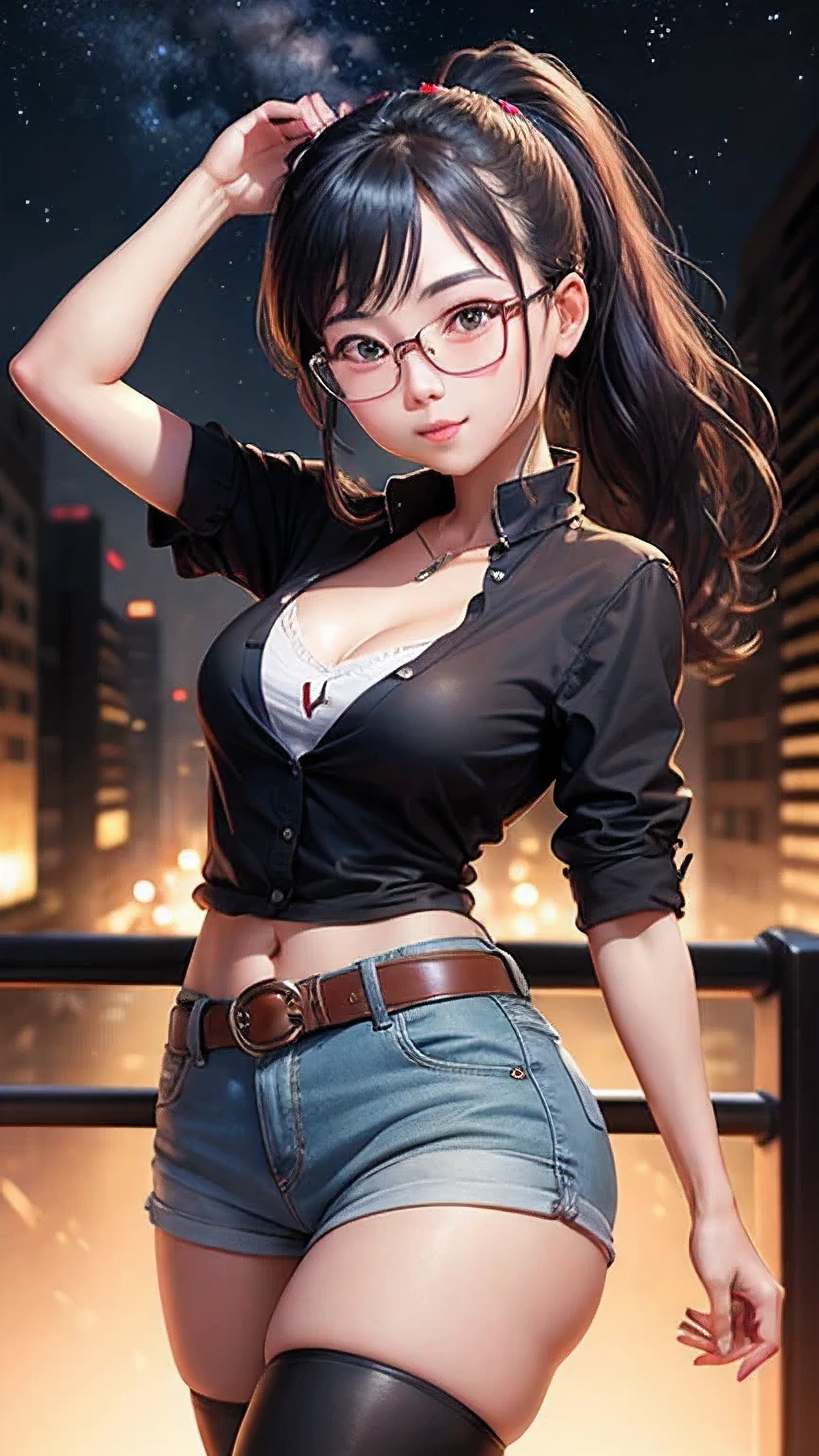 Beautiful girl in China,big eyes,smiley face,red face,ponytail,Glasses,split,medium chest,belt dance,roof,starry sky,Street view from upstairs,panoramic