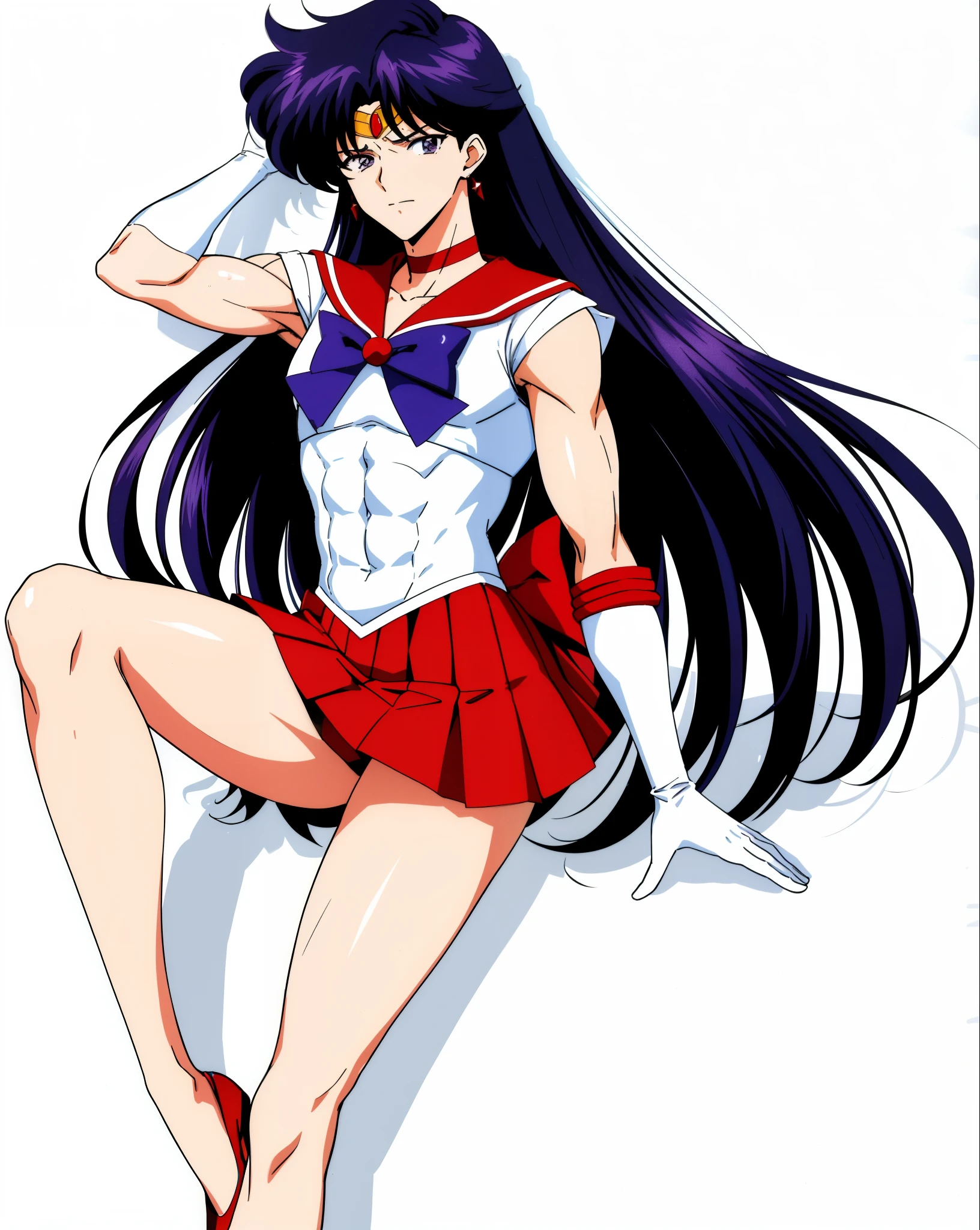 highest quality anime art、masterpiece、high definition anime art、アニメ4Kstyle、High resolution、anime boy、cool boy、Male 、gender change、gender change(girl to boy)、Rei Hino、sailor marasculinization、sailor warrior uniform、solo、red high heels、legs crossed、boy with very long black hair、red sailor collar、blue bow tie、strong muscles、red choker、rating:safe、a boy is sitting、jewelry、white gloves、long gloves、muscular and strong、red skirt、bare shoulders、bare legagical boy、red_back_bow、boy with purple eyes、white leotard、high leg leotard、white dress、skirt、mini skirt、pleated skirt、earrings、leochira、covered male reproductive system、whole body、legs、bow、golden circlet on head、muscular man、long legs、blue_bow_tie、shadow、white background、(1990s\(style\):0.9)、