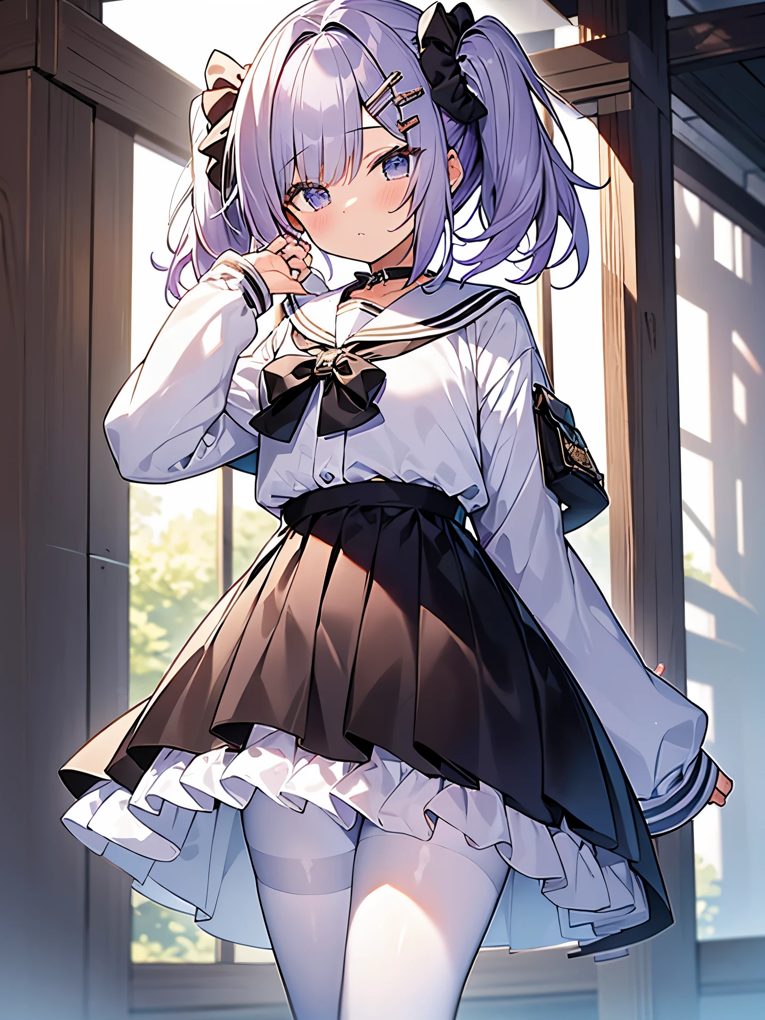 highest quality、masterpiece、super detailed face、low length、cute ???、Beautiful boy dressed as a woman \(Kimizono Nao\)、light purple hair、((tall short twintail hair))、(Large amount of hair ornaments、Scrunchie)、small padded chest、choker、loafers、(white sailor suit)、(black pantyhose)、(black coat、armband)