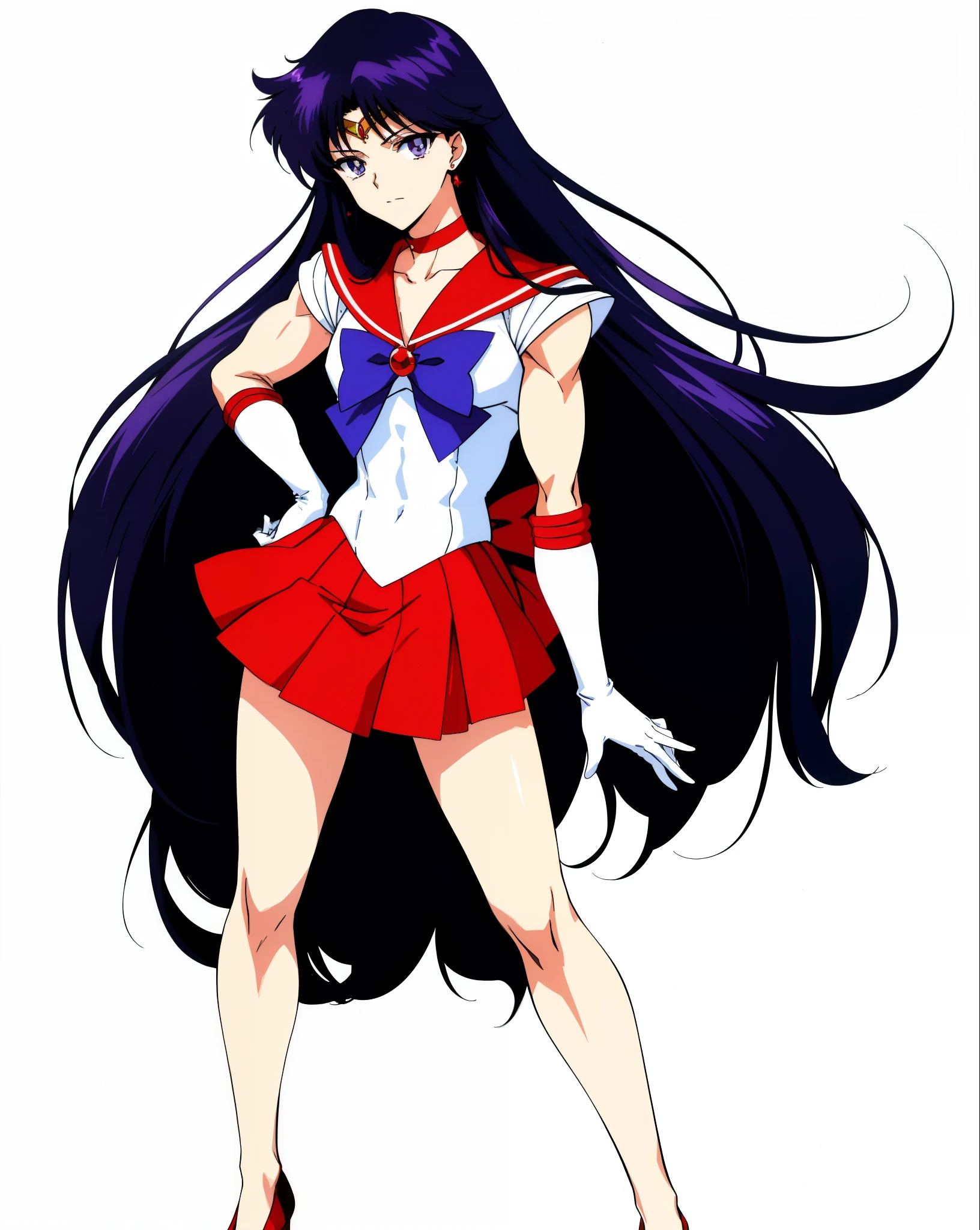 highest quality anime art、masterpiece、high definition anime art、アニメ4Kstyle、High resolution、anime boy、cool boy、Male middle school student、gender change、gender change(girl to boy)、Rei Hino、sailor marasculinization、sailor warrior uniform、solo、red high heels、legs crossed、boy with very long black hair、red sailor collar、blue bow tie、strong muscles、red choker、rating:safe、a boy is sitting、jewelry、white gloves、long gloves、muscular and strong、red skirt、bare shoulders、bare legagical boy、red_back_bow、boy with purple eyes、white leotard、high leg leotard、white dress、skirt、mini skirt、pleated skirt、earrings、leochira、covered male reproductive system、whole body、legs、bow、golden circlet on head、muscular man、long legs、blue_bow_tie、shadow、white background、(1990s\(style\):0.9)、