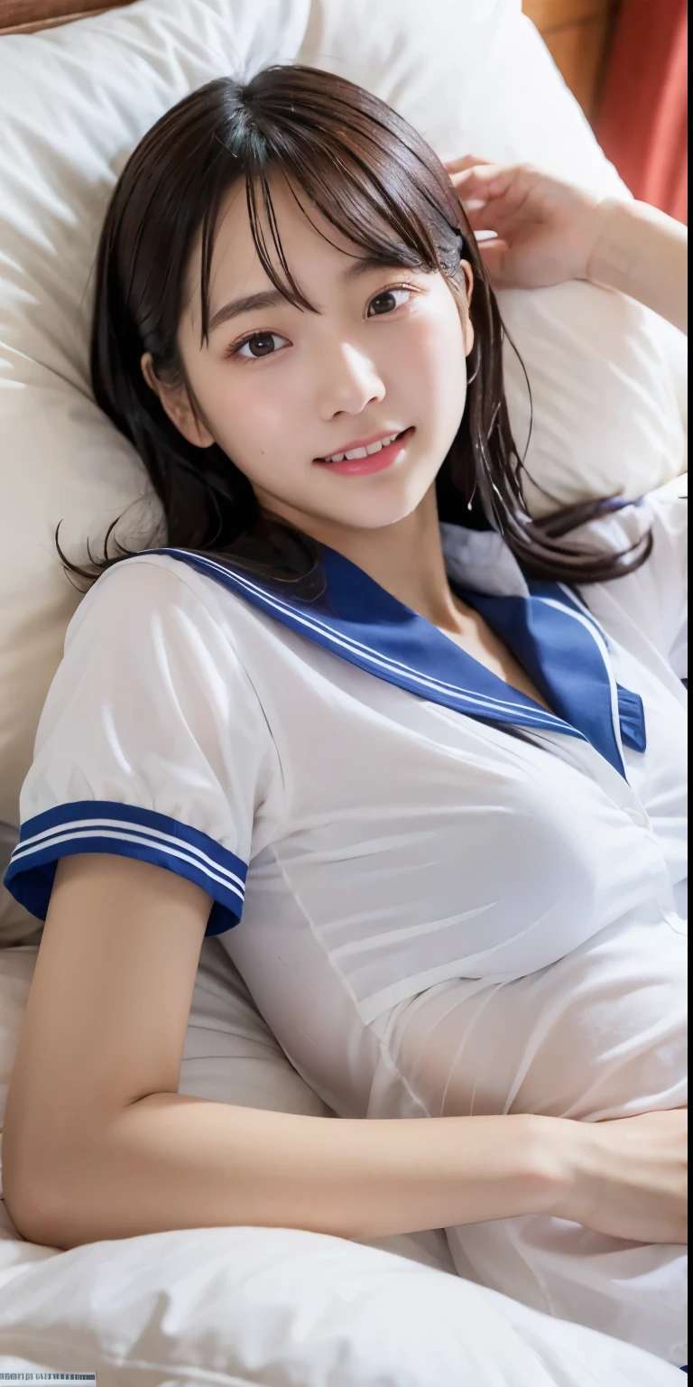 ulzzang-6500-v1.1, (Raw photo:1.2), (Photorealism), Beautiful detailed girl, Very detailed eyes and face, Beautiful detailed eyes, Huge file size, (Big), High Resolution, Very detailed, Best quality, [Masterpiece:1.6], [JK Uniform], Illustration, Very detailed, CG, Fine detail, Best quality, Very detailed CG uniform 8k wallpaper, Movie Lighting, 1 girl, 17 years old, cute Japan high school girl, perfect figure, [wearing white school blouse unbuttoned], large taut breasts, [huge breasts, heavy breasts, H cup: 1.8], cute drooping eyes, beautiful big eyes, white school blouse, bra, sweaty and wet, [sexual arousal: 1.1], lying in bed: 1.5], hands raised, School uniform ribbon around neck, smile, (the whole body is wet), shining eyes