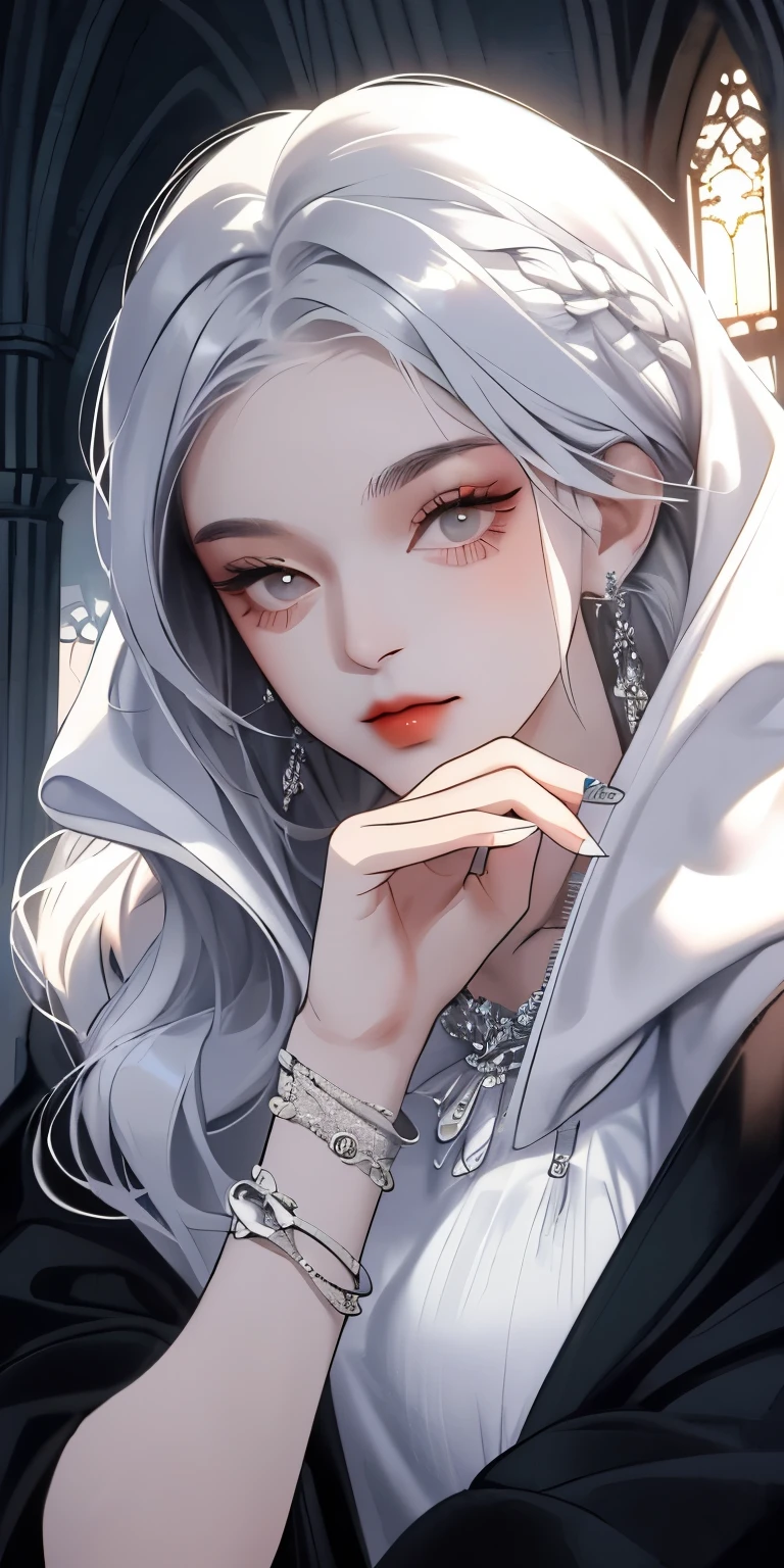 , huge, Double tail, silver hair, Hoodies, retro gothic, posture, Lovely, face up, high quality, necklace, ring, bracelet, earrings