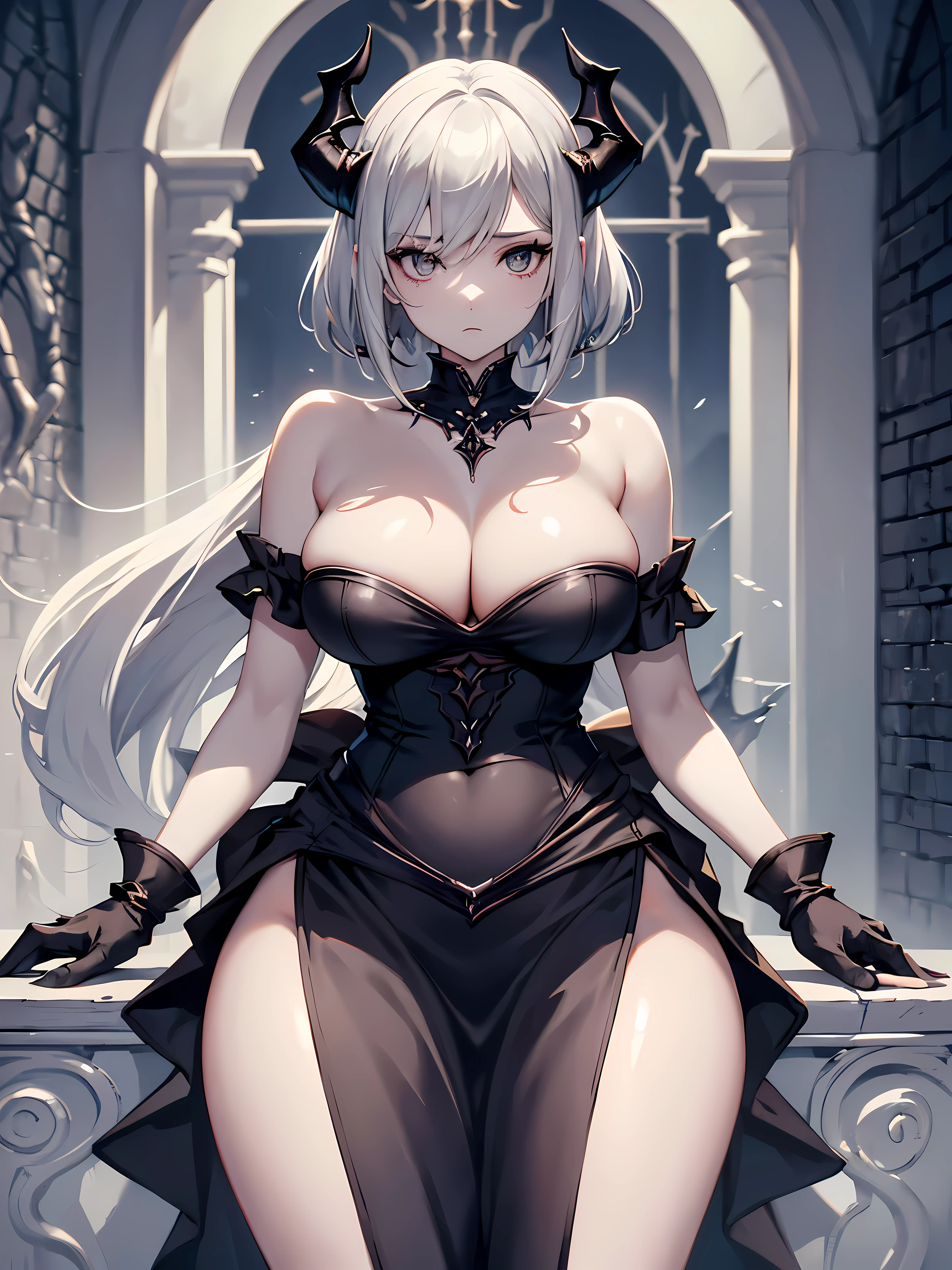 (top quality, 8 thousand, masterpiece, Best image quality, high resolution, super detailing, Ultra HD, (delicate smooth skin, Looks like real skin, perfect and beautiful face ,Perfect and cute face, high detail skin, perfect limbs)), bare shoulders , black gloves , split , closed mouth , demon either , Devil's Tail , inexpressive , either , big bust , looking at viewer , pale skin , short gray hair , alone , black strapless dress , yellow eyeball:1.2) , wide hips , (fancy) , ( Castlevania:1.3) , (night) , inside