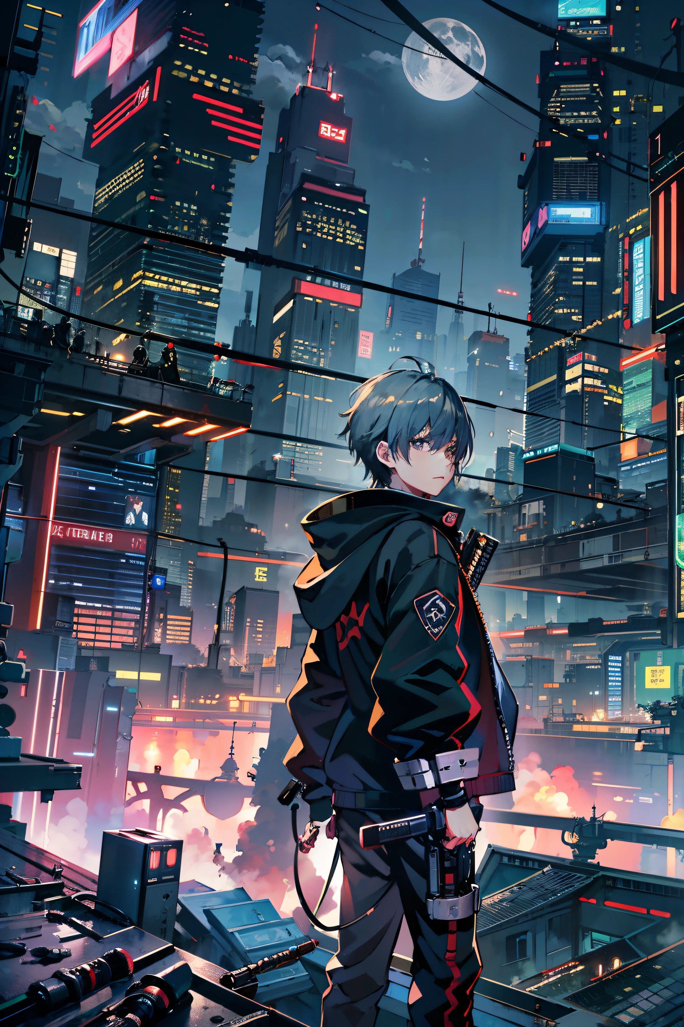 1 boy,(13 year old boy:1.5)、Anime-style protagonist、cyberpunk boy、black clothing、silver hair、knife,machine gun、Blood all over the body、Overview of the configuration、The beginning of the adventure、Lots of clouds,thick fog、moon,It was chaotic city of the future、Dystopia、dim lighting、It was chaotic、Beautiful and fantastic scenery、cinematic scenery、high quality、table top,In 8K、High resolution、