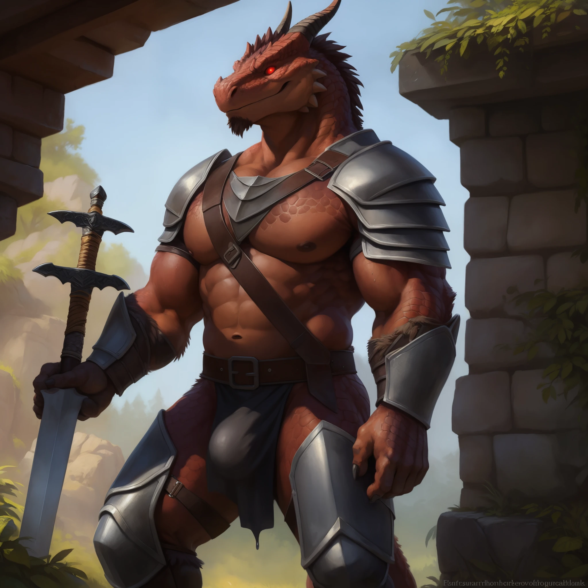 stone wall, stone ruins, seductive, horns, fur, furred, beard, penis outline, (ultra detailed), a beautiful and detailed full size portrait of a male anthro scalie, dragon, lizard (red body, black skin), tree (scales, detailed scales, muscle anthro, buff, big pecs, gladiator armor), black loincloth, big crotch, armor leg wear, armor, knight helmet, armor gloves, warrior weapon, glowing eyes, red eyes (glowing), non-mammal breasts, looking at viewer, bedroom_eyes, detailed eyes, big body, sexy body, goddess, big crotch, crotch apron, balls outline, sword belt, sword strip, kenket, Ross Tran,ruan jia, trending on artstation,foxovh, cenematic lighting, big breaths, big , hands on chest, smile, detailed background, day, side view, empty eyes, foreskin, tan body, tan scales, empty eyes, wet, night, big body, translucent loincloth, unconvincing armor, warrior, gladiator, thick thighs, warrior costume, lizard tail, full body, big butt,