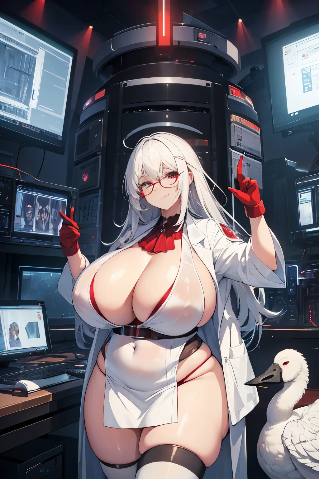 masterpiece , best quality , 1 sexy girl , (1 goose:1.2) , lab coat, doctor's white robe , (covered nipples:0.9) , (gigantic tits:1.2) , (thick arm:1.1) , thick thigh , gigantic hip , (white hair:1.1) , (plump:1.1) , surrounded by sci-fi machinery and monitor , (black glasses:1.1) , (evil smile:1.1) , (holding red crystal:1.2) ,