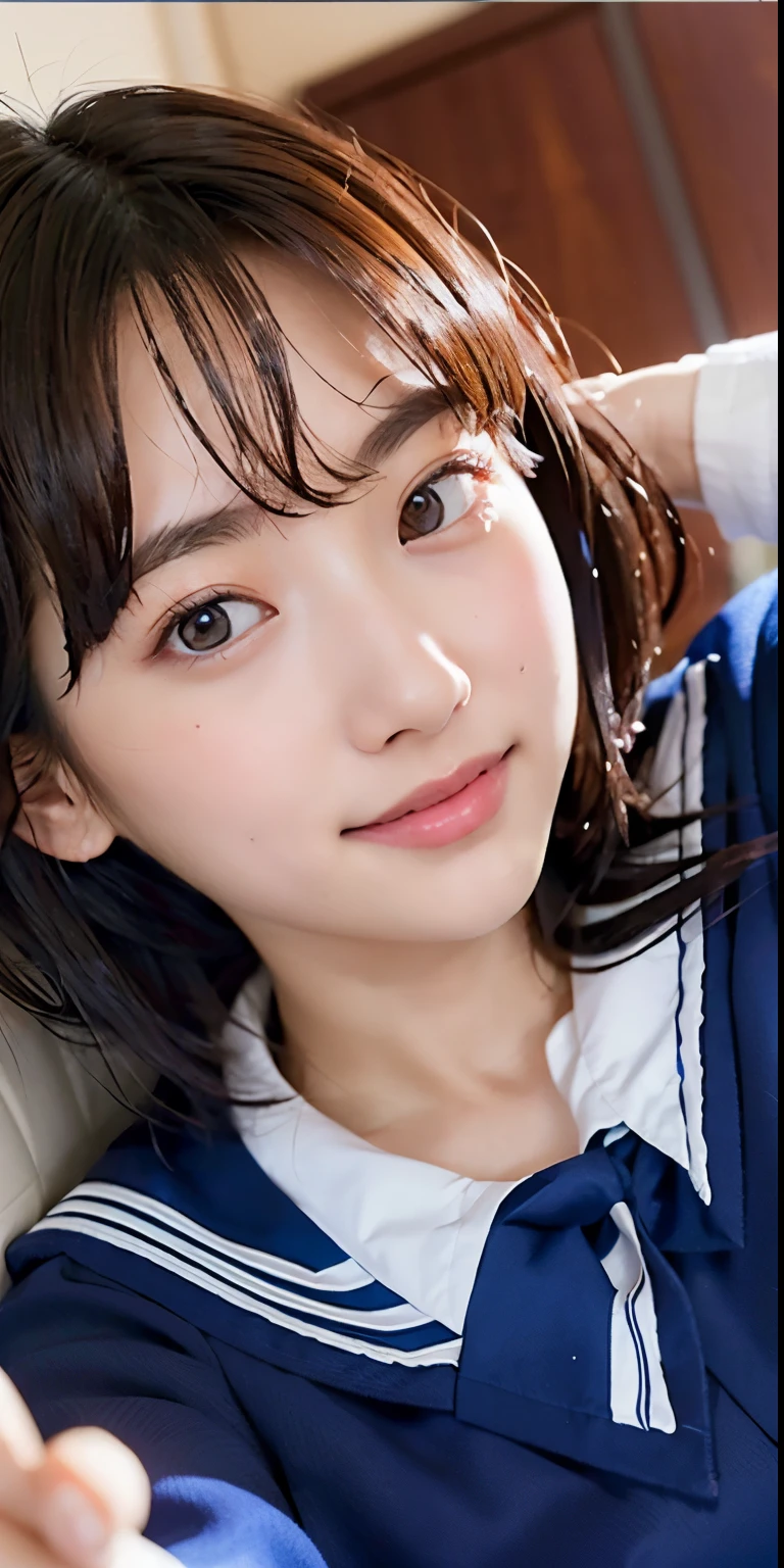 ulzzang-6500-v1.1, (Raw photo:1.2), (Photorealistic:1.4), Beautiful detailed girl, Very detailed eyes and face, Beautiful detailed eyes, Huge file size, (Big), High Resolution, Very detailed, Best quality, [Masterpiece:1.6], [JK Uniform], Illustration, Very detailed, CG, Fine detail, Best quality, Highly detailed CG uniform 8k wallpaper, movie lighting, 1 girl, , cute Japan high school girl, perfect figure, [unbuttoned white school blouse], large taut breasts, [huge breasts, heavy breasts: 1.6], cute droopy eyes, beautiful big eyes, white school blouse, see-through bra, sweaty and wet, [sexual arousal: 1.1], [Sexual arousal: 1.1] Lying in bed: 1.5], hands raised, school uniform ribbon around the neck, smile, (the whole body is wet), shining eyes