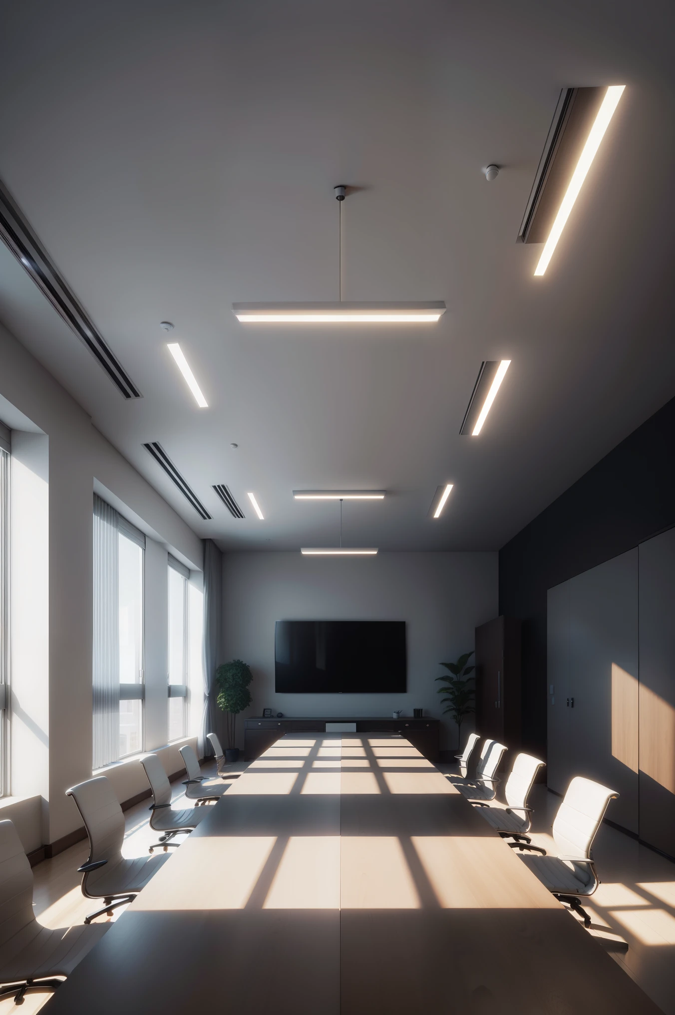 A large empty meeting room with a blown rectangular table, the room lit by a single chandelier, persian carpet, dark setting Architectural Digest's photo is of a modern style conference room, open oversized TV screen, (with plants inside: 0.1), white wainscoting, solid wood furniture, top LED light film, surrealist surrealism, award-winning masterpiece, incredible detail, epic stunning, wide shot, vanishing point, 8K Intorior design and architecture Modern hospital  conference room with panoramic  the rooms And and the secretary's room view ,and laptops  modern  conference room in hospital Below Ground Floor , mesas e cadeiras pretas, paredes brancas, LED lighting, piso em marmore , black and white and gray , Magnetic light on the ceiling , 4K , high quality , vray , 3Ds max , high quality 