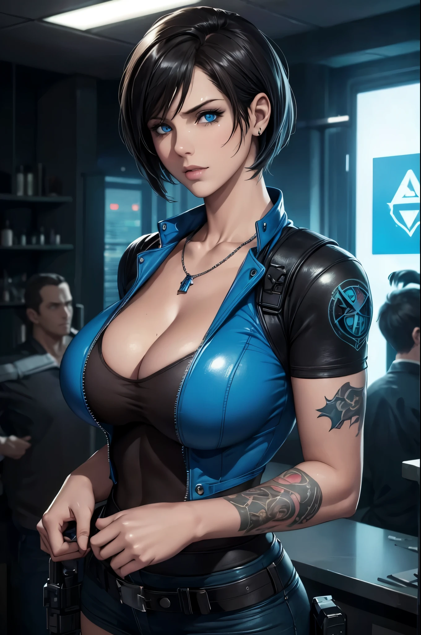 super fine illustration, ultra high resolution, masterpiece, highest quality, perfect shiny shinny skin, perfect lighting, detailed lighting, dramatic shadow, ray tracing, 1 beautiful milf, looking at the viewer, big breasts, exposed cleavage, beautiful detailed light blue eyes, sharp face, clear eyes, long bangs, short cut hair, ((cyberpunk dark city)), Upper body, denim mini skirt, necklace, Jill Valentine - Resident Evil Series, ((tattoo)), 