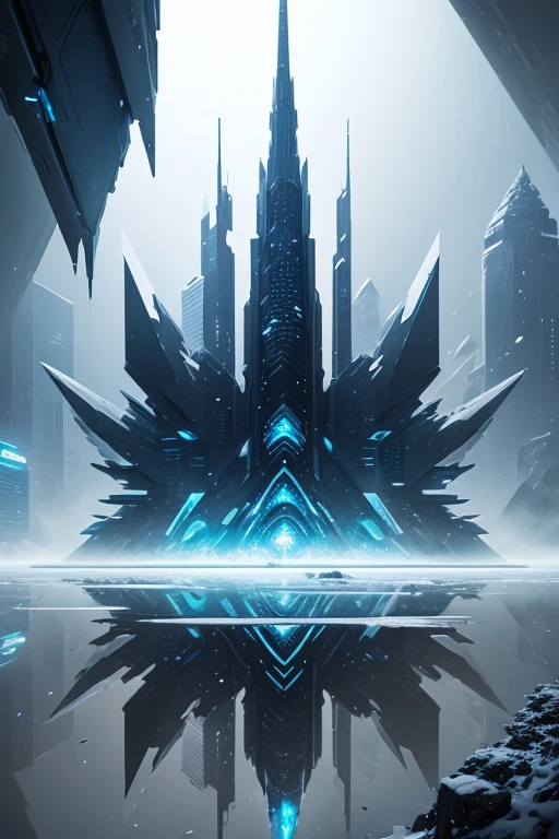 A complex ice structure in a futuristic city