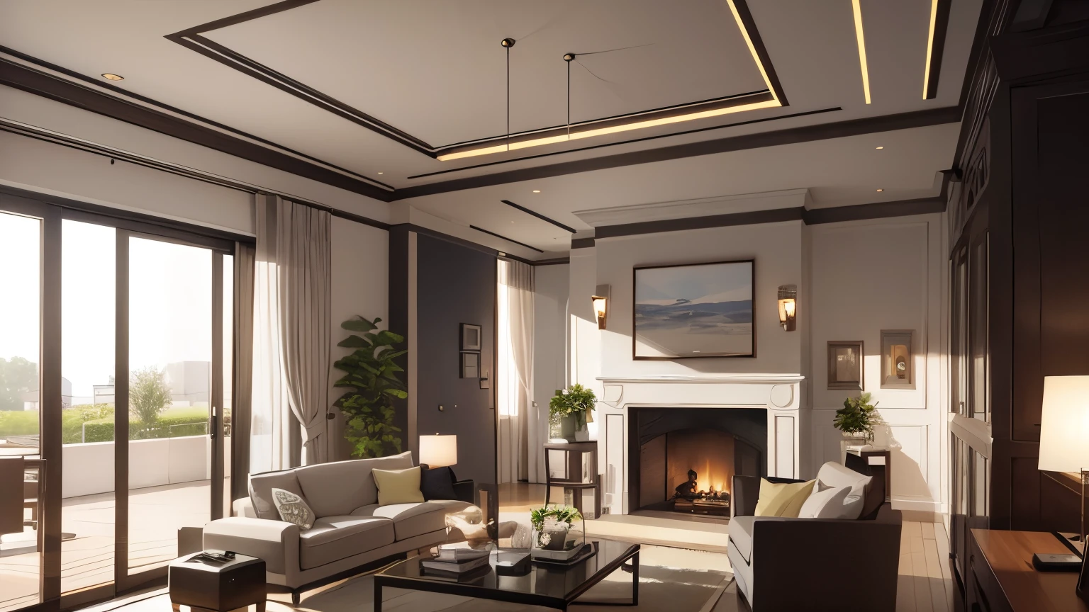 you are a famous interior designer、I was asked to create a 3D image of a large modern room.。. Create a harmonious environment with modern and minimalist furniture. Including garden interior.