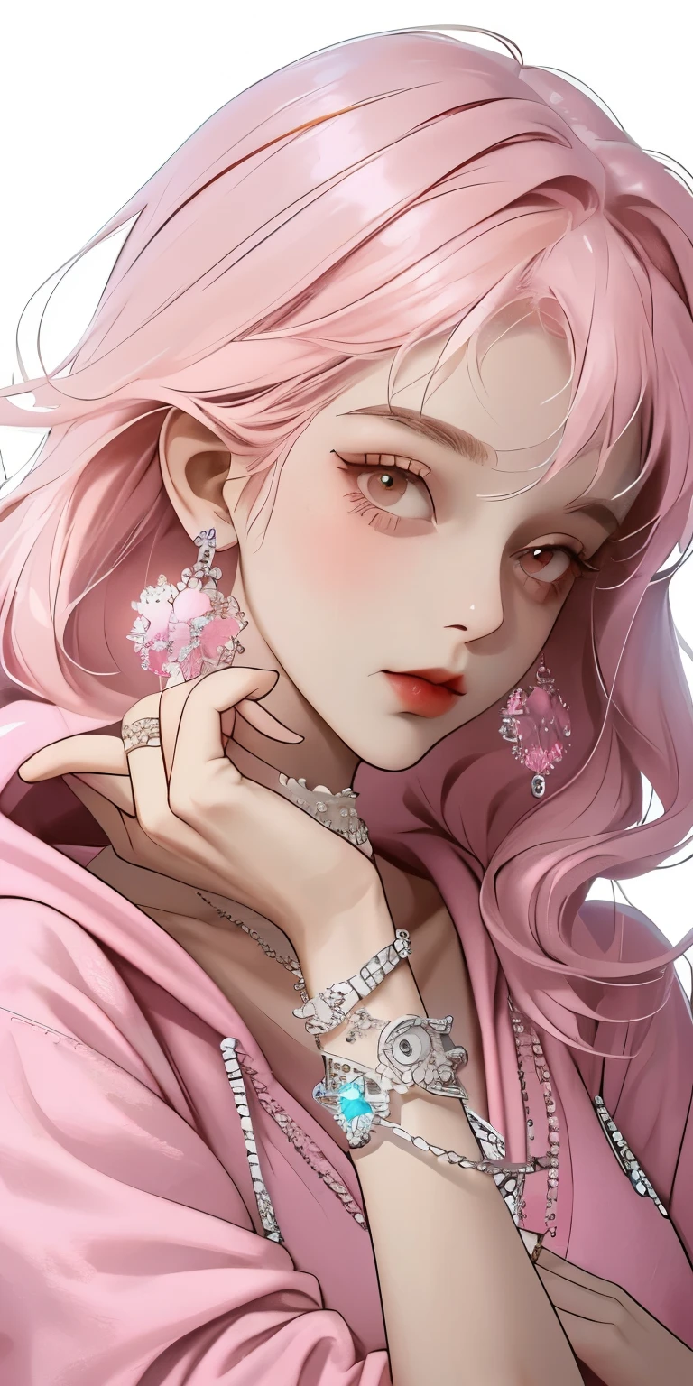 , huge, Double tail, pink hair, Hoodies, retro gothic, posture, Lovely, face up, high quality, necklace, ring, bracelet, earrings,Full body close-up