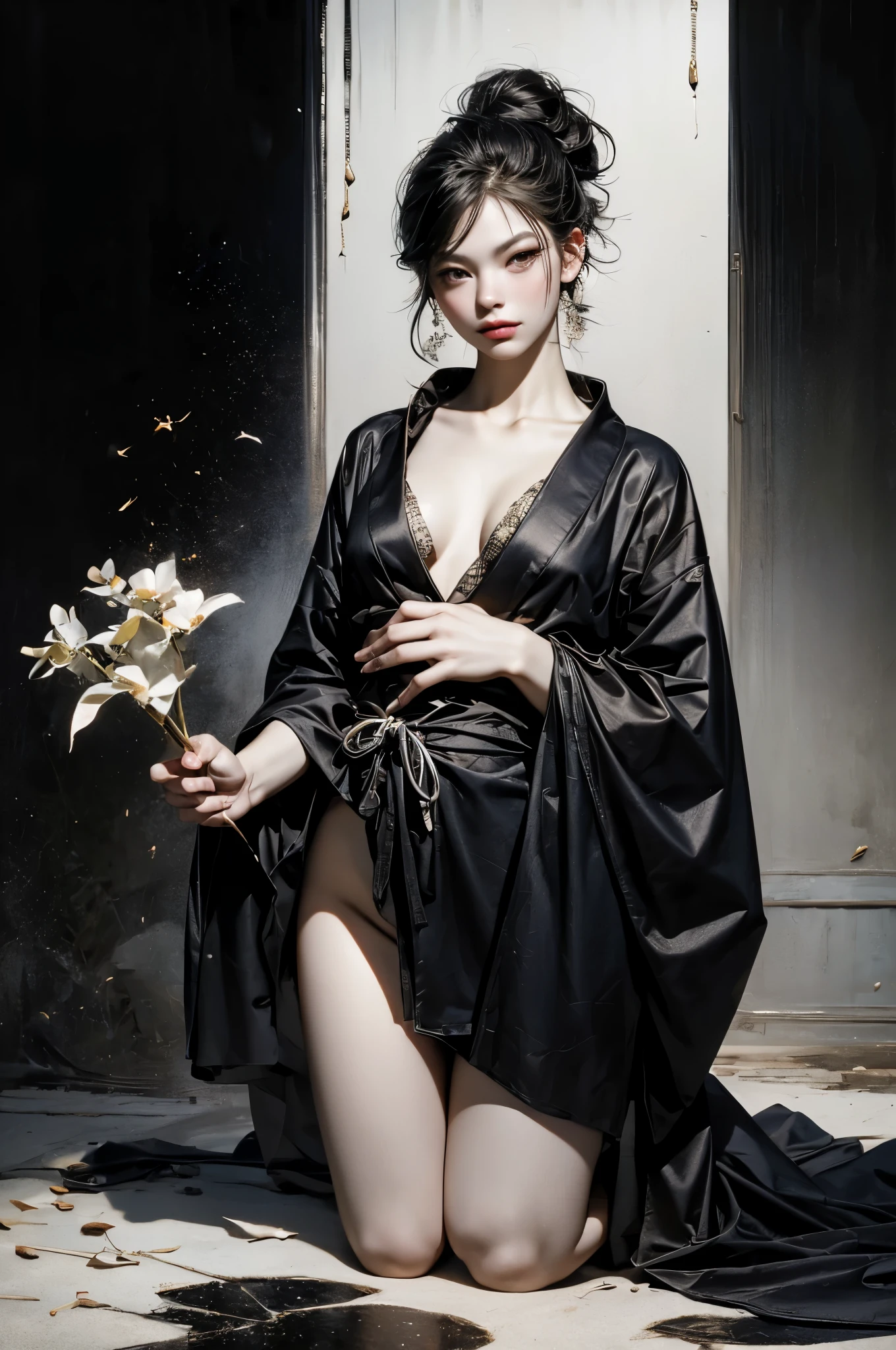 Umalinda warrior sexy, pretty face, Delicious Company, Alluring figure, Wearing a sexy open kimono. The artwork is created in a medium reminiscent of Japanese ink paintings....., 具有大胆的笔触和Monochromatic color palette. artist'Masterful technique reveals the intensity and power of the image'sense of presence,with the highest quality, Perfectly capture every detail with ultra-high resolution. Textures and intricate patterns on kimonos are rendered with extreme precision. Lighting is carefully designed,Enhance drama, Features deep shadows and subtle highlights. General, The artwork exudes elegance and power, Combining traditional Japanese aesthetics with a modern feel. Monochromatic color palette, Combine details, Create captivating and immersive experiences for your audience.