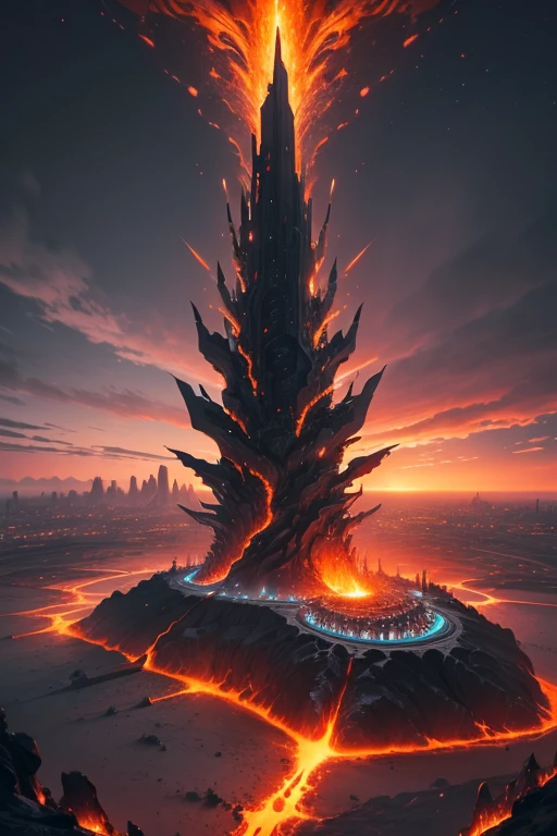 A complex lava structure in a futuristic city
