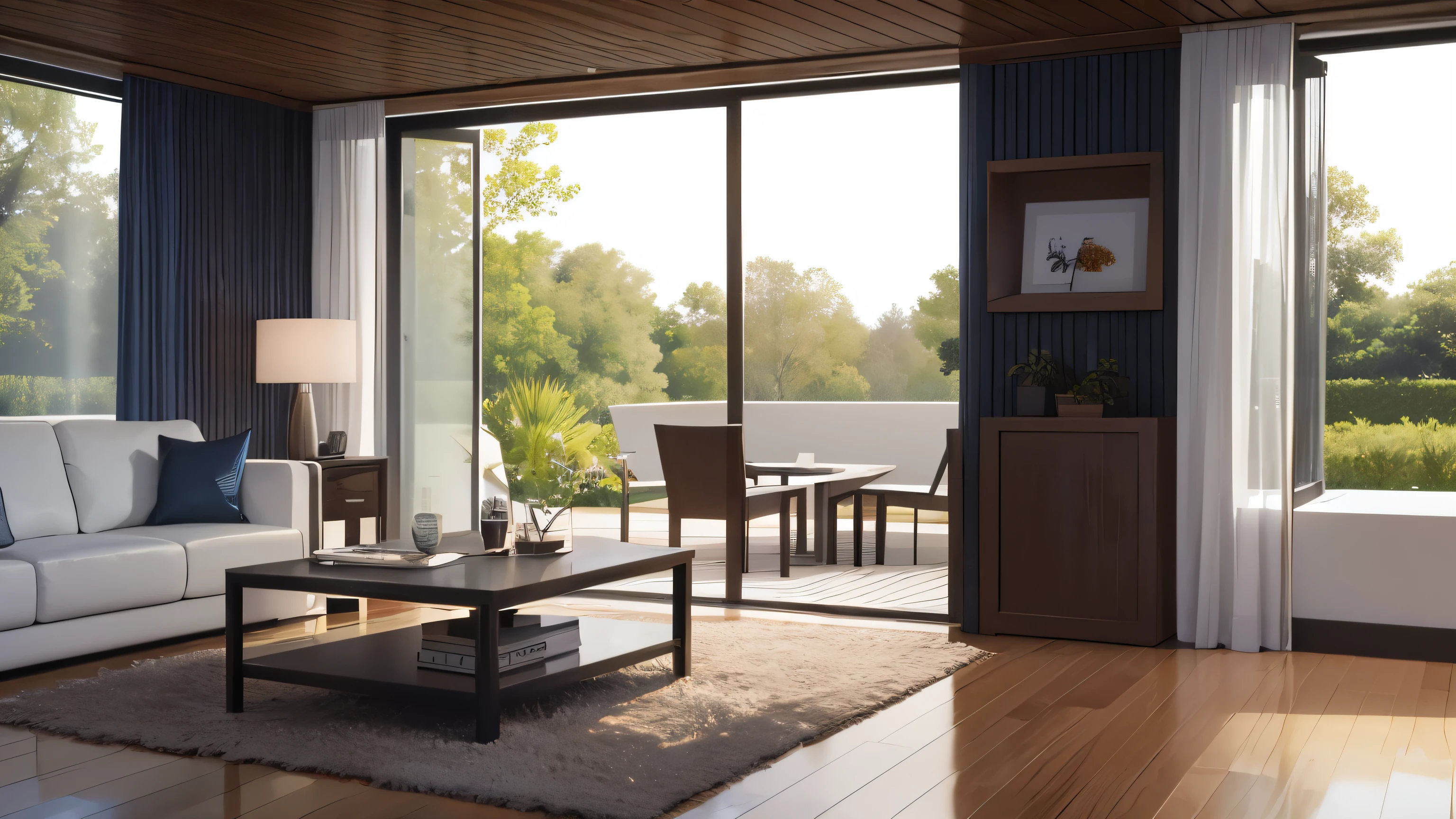 you are a famous interior designer、I was asked to create a 3D image of a large modern room.。. Create a harmonious environment with modern and minimalist furniture. Including garden interior.