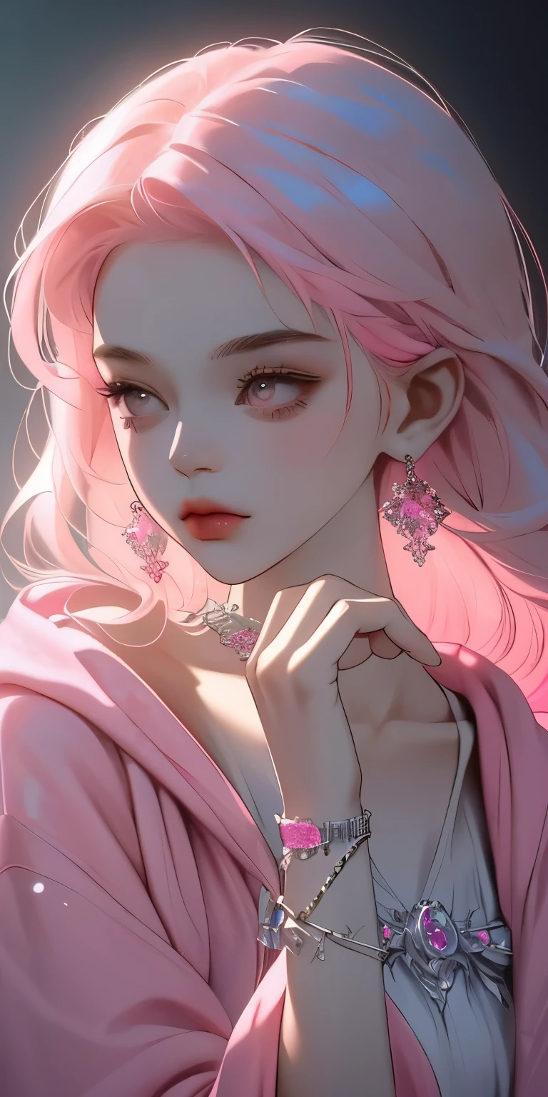 , huge, Double tail, pink hair, Hoodies, retro gothic, posture, Lovely, face up, high quality, necklace, ring, bracelet, earrings,Full body close-up
