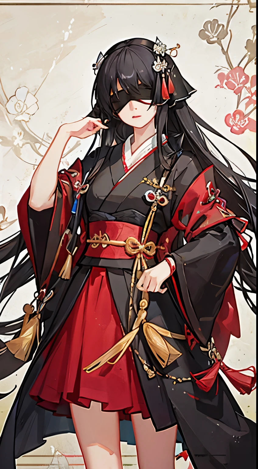 girl,whole body, (blindfold bandage:1.2), (detailed face:1.2), masterpiece, The Twelve Units of the Heian Period,long hair, black hair, red hair ornament, dull bangs,