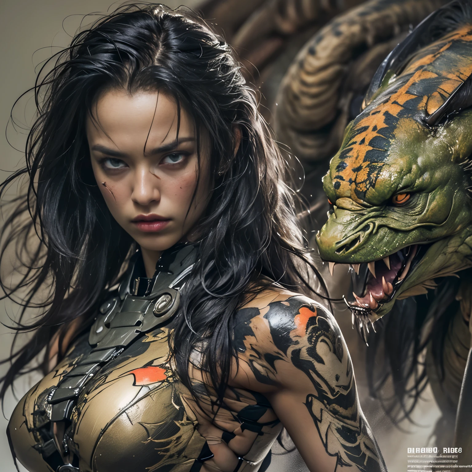 1 female alien, The predator, (extremely beautiful:1.2), (intense gaze:1.4), (predator:1.1), long dark claws, (NSFW:1), nipples, thick eyebrows, (She has shining Carnelian eyes:1.2), the most beautiful face in the universe, jet black hair, symmetrical beautiful eyes, hyper detailed eyes,

A woman predator with an extremely beautiful face, her intense gaze fixed on her prey, a primal force that could not be denied.

(beautiful lean body:1.5), (muscular build:1.2), (prowling:1.3), (sleek movements:1.4)

Her beautiful body, muscular and toned, moved with sleek grace as she prowled, ready to strike at a moment's notice. The predator within her was always on,                                                                          
                                                                                                                                                               
 cinematic drawing of characters, ultra high quality model, cinematic quality, detail up, (Intricate details:1.2), High resolution, High Definition, drawing faithfully, Official art, Unity 8K wall , 8K Portrait, Best Quality, Very High resolution, ultra detailed artistic photography,