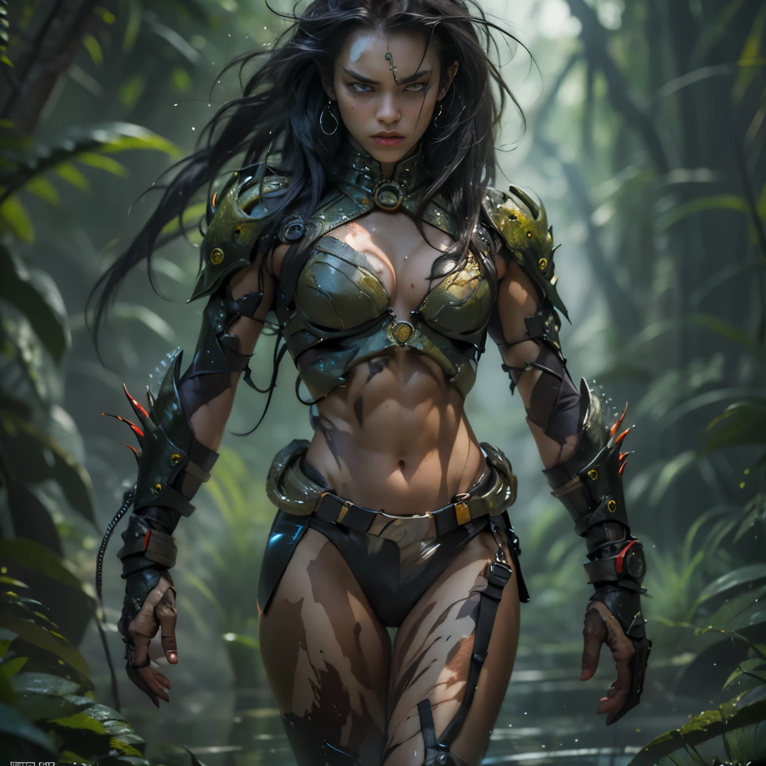 1 female alien, The predator, (extremely beautiful:1.2), (intense gaze:1.4), (predator:1.1), long dark claws, (NSFW:1), nipples, thick eyebrows, (She has shining Carnelian eyes:1.2), the most beautiful face in the universe, jet black hair, symmetrical beautiful eyes, hyper detailed eyes,

A woman predator with an extremely beautiful face, her intense gaze fixed on her prey, a primal force that could not be denied.

(beautiful lean body:1.5), (muscular build:1.2), (prowling:1.3), (sleek movements:1.4)

Her beautiful body, muscular and toned, moved with sleek grace as she prowled, ready to strike at a moment's notice. The predator within her was always on,                                                                          
                                                                                                                                                               
 cinematic drawing of characters, ultra high quality model, cinematic quality, detail up, (Intricate details:1.2), High resolution, High Definition, drawing faithfully, Official art, Unity 8K wall , 8K Portrait, Best Quality, Very High resolution, ultra detailed artistic photography,