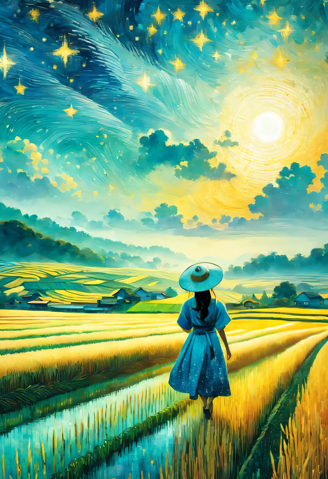 best quality, 8k, High quality, masterpiece: 1.2, Super fine, realism: 1.37, double exposure,
(Endless rice fields and a ), blue sky, dreamy atmosphere, bright color palette, Vibrant shades, Impressionist brushstrokes, Subtle lighting effects, sunset on the horizon, Harmony between nature and sky, textured brushstrokes, Abundant and vibrant crops, dusk atmosphere, Tranquil pastoral scenery, Shining stars light up the night, create tranquility、Picturesque setting, Inspired by the style and techniques of Van Gogh. Sublime and atmospheric depiction, ethereal beauty, Fascinating celestial phenomenon,