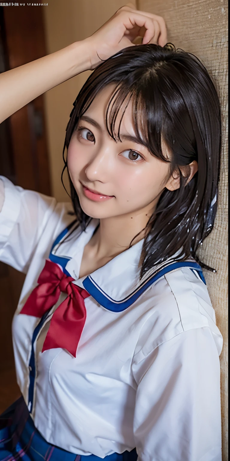 ulzzang-6500-v1.1, (Raw photo:1.2), (Photorealistic:1.4), Beautiful detailed girl, Very detailed eyes and face, Beautiful detailed eyes, Huge file size, (Big), High Resolution, Very detailed, Best quality, [Masterpiece:1.6], [JK Uniform], Illustration, Very detailed, CG, Fine detail, Best quality, Highly detailed CG uniform 8k wallpaper, movie lighting, 1 girl, 17 years old, cute Japan high school girl, perfect figure, [unbuttoned white school blouse], large taut breasts, [huge breasts, heavy breasts: 1.6], cute droopy eyes, beautiful big eyes, white school blouse, see-through bra, sweaty and wet, [sexual arousal: 1.1], [Sexual arousal: 1.1] Lying in bed: 1.5], hands raised, school uniform ribbon around the neck, smile, (the whole body is wet), shining eyes