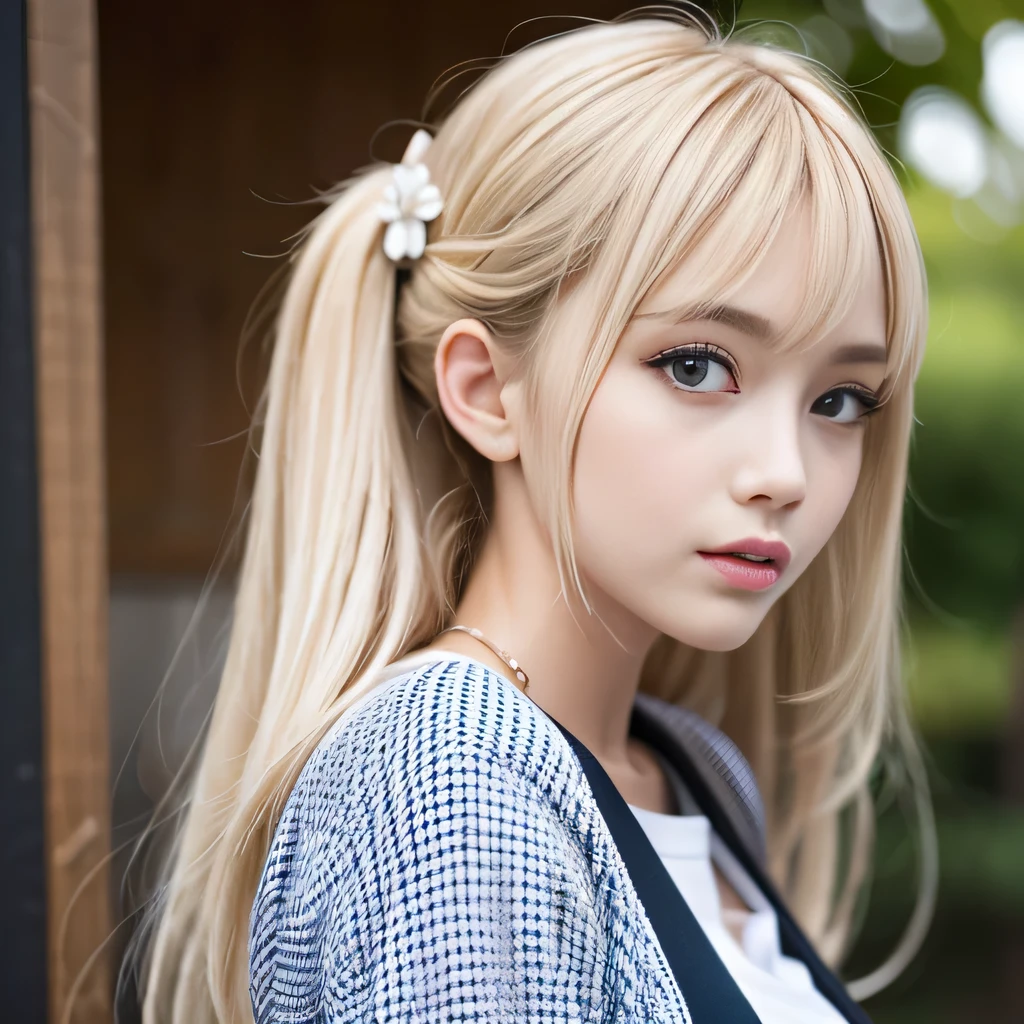 portrait、japanese school uniform、bright look、twin tails、young shiny glossy white shiny skin、best looks、blonde reflection、Platinum blonde hair with dazzling highlights、shiny bright hair,、super long straight hair、Shining beautiful bangs、Sparkling crystal clear charming big blue eyes、A very beautiful and lovely cute 16 year old girl、rich bust、White and beautiful blouse、With slit、((I could see the whole body))、beautiful face、The chest area of the clothes looks tight、Loosening perm、Pleated skirt with plenty of checked pleats、No bra、