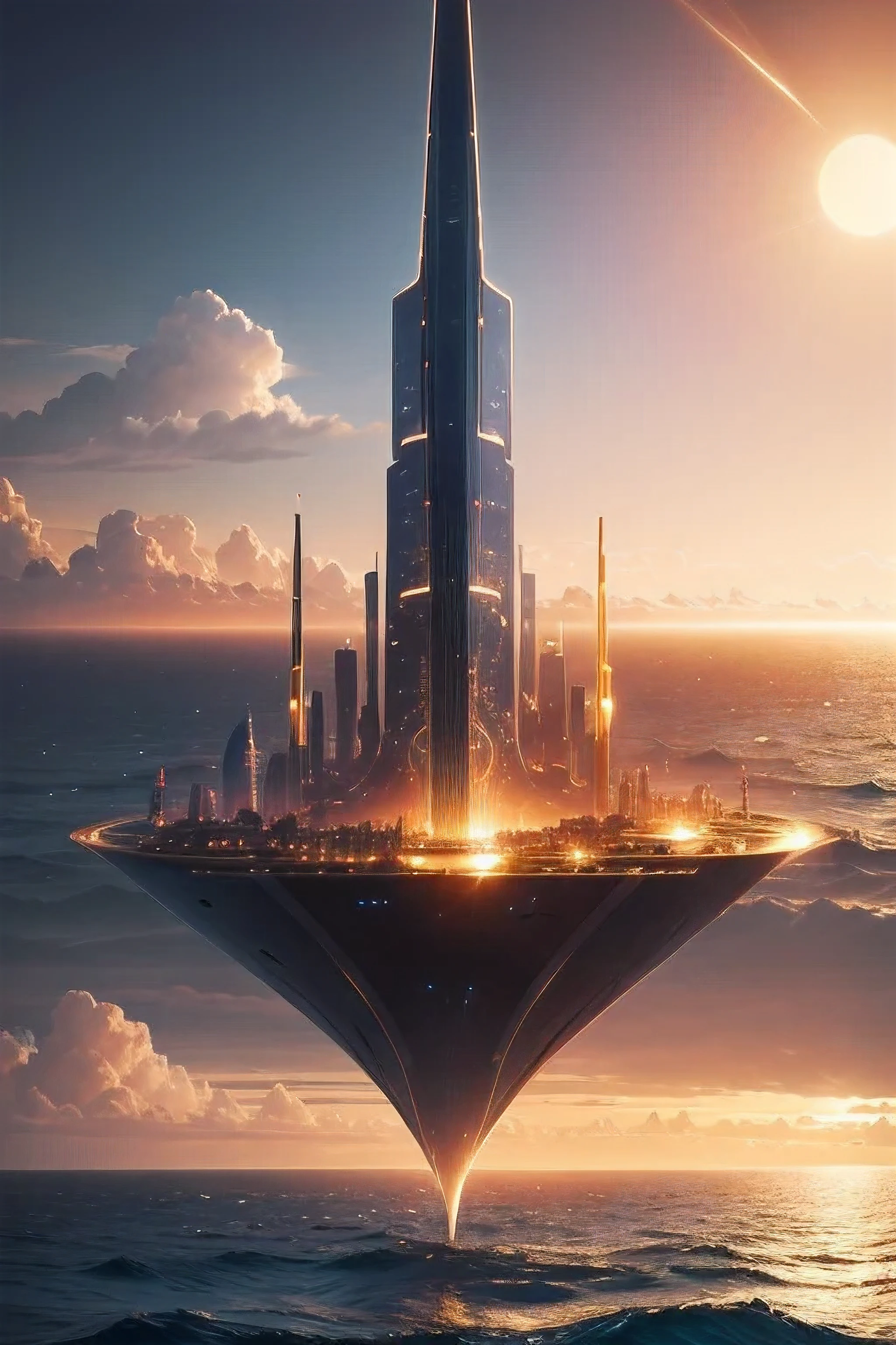 View from the sea,On the horizon is the golden city of light, Golden Bronze Utopia Science Fiction Paradise City,Providing a free home for all who seek refuge and understanding of the past. However, Few people know about this city of light, You can know it through the song.