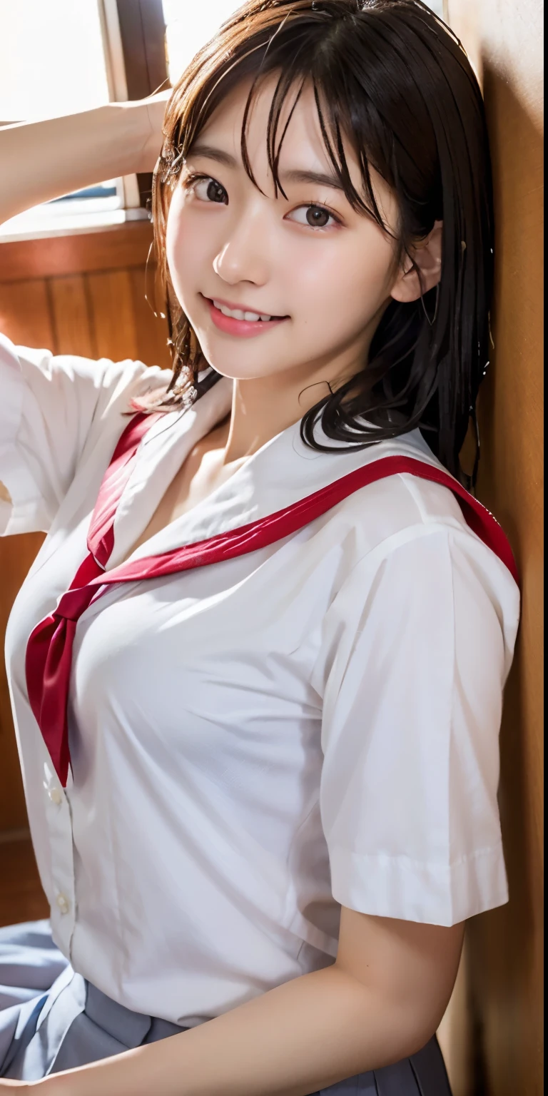 ulzzang-6500-v1.1, (Raw photo:1.2), (Photorealistic:1.4), Beautiful detailed girl, Very detailed eyes and face, Beautiful detailed eyes, Huge file size, (Big), High Resolution, Very detailed, Best quality, [Masterpiece:1.6], [JK Uniform], Illustration, Very detailed, CG, Fine detail, Best quality, Highly detailed CG uniform 8k wallpaper, movie lighting, 1 girl, , cute Japan high school girl, perfect figure, [unbuttoned white school blouse], large taut breasts, [huge breasts, heavy breasts: 1.6], cute droopy eyes, beautiful big eyes, white school blouse, see-through bra, sweaty and wet, [sexual arousal: 1.1], [Sexual arousal: 1.1] Lying in bed: 1.5], hands raised, school uniform ribbon around the neck, smile, (the whole body is wet), shining eyes