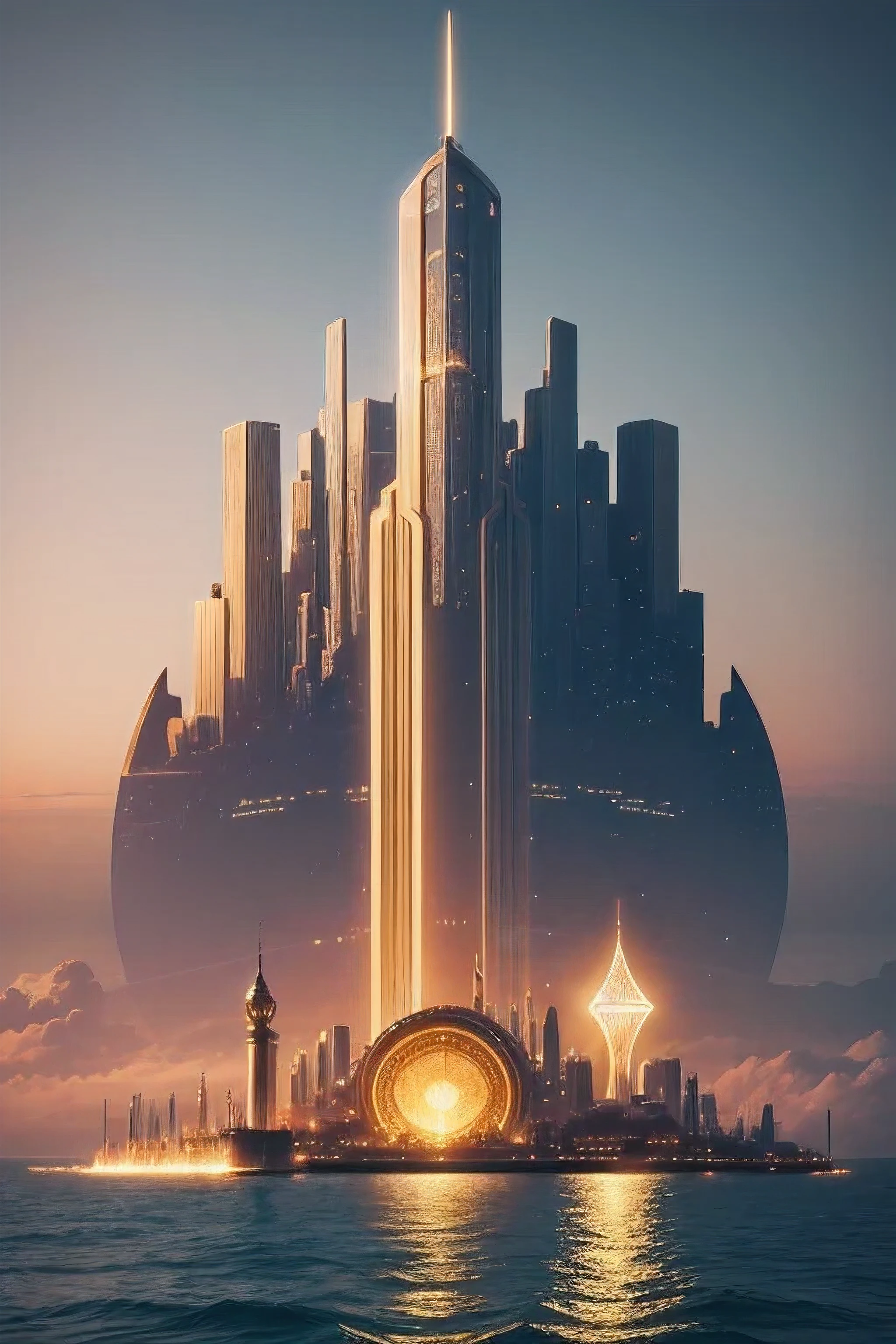 View from the sea,On the horizon is the golden city of light, Golden Bronze Utopia Science Fiction Paradise City,Providing a free home for all who seek refuge and understanding of the past. However, Few people know about this city of light, You can know it through the song.