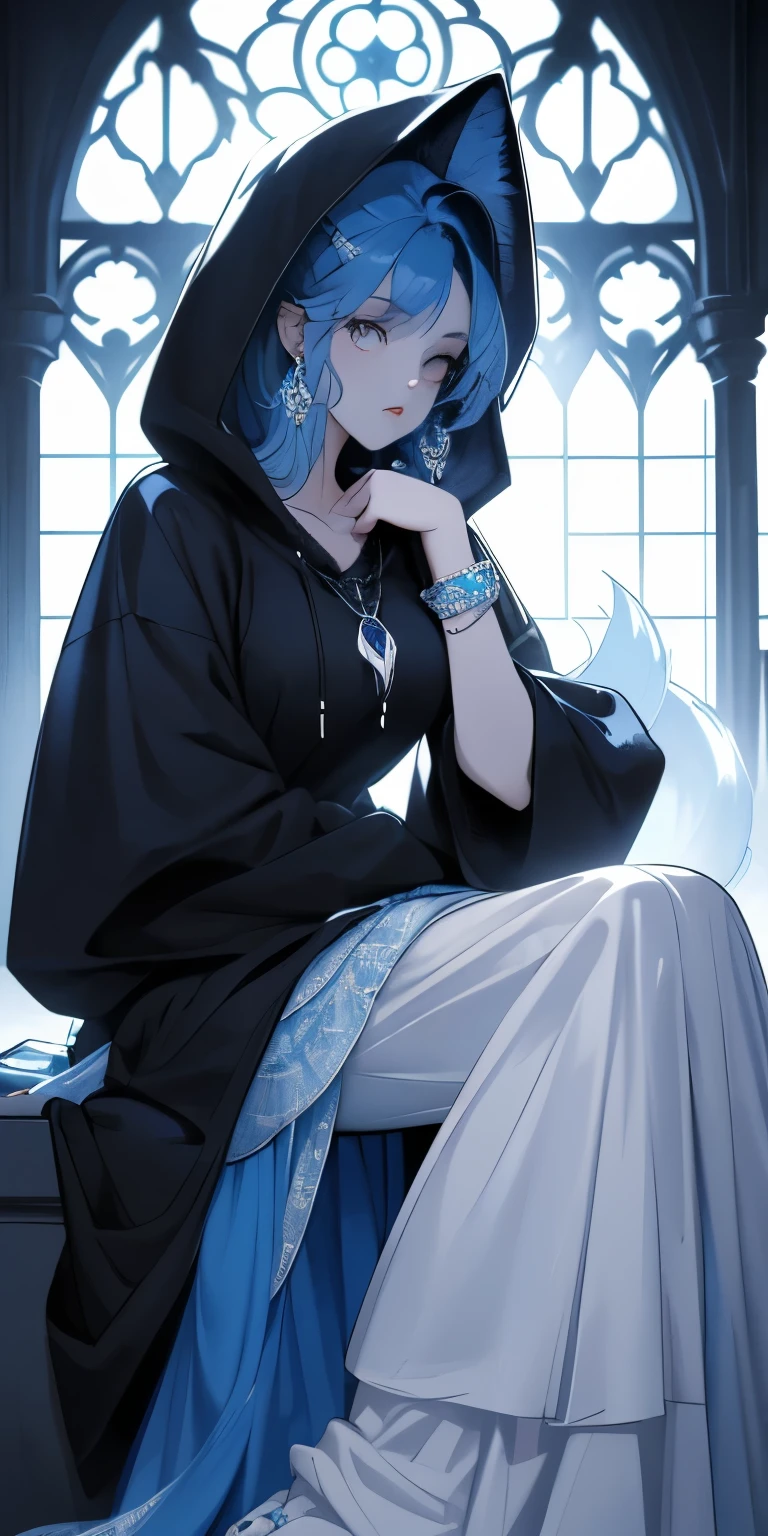 , huge, Double tail, blue hair, Hoodies, retro gothic, posture, Lovely, face up, high quality, necklace, ring, bracelet, earrings,long legs,looking down