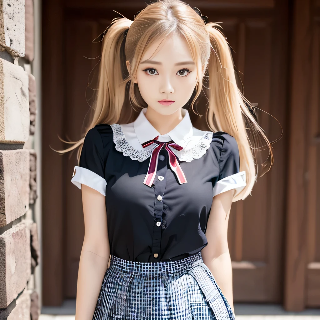 beautiful face, smile, perfect, white skin, 1girl, looking at viewer, perfect girl, (((MEDIUM breasts))), full body, blurred background, (((standing))), on the room, perfect body, Solo, (((Masterpiece)), seducing, Eyes wide, slim waist, sexy posing, slim tight, , young, chika fujiwara, black bow, blue eyes, blunt bangs, hair bow, long hair, pink hair, black dress, dress, pinafore dress, school uniform, shirt, short sleeves, shuuchiin academy school uniform, white shirt