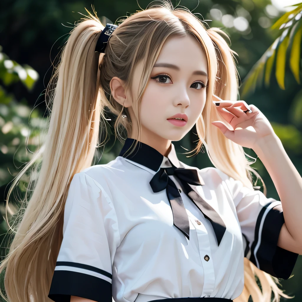 portrait、japanese school uniform、bright look、twin tails、young shiny glossy white shiny skin、best looks、blonde reflection、Platinum blonde hair with dazzling highlights、shiny bright hair,、super long straight hair、Shining beautiful bangs、Sparkling crystal clear charming big blue eyes、A very beautiful and lovely cute 16 year old girl、rich bust、White and beautiful blouse、With slit、((I could see the whole body))、beautiful face、The chest area of the clothes looks tight、Loosening perm、Pleated skirt with plenty of checked pleats、No bra、