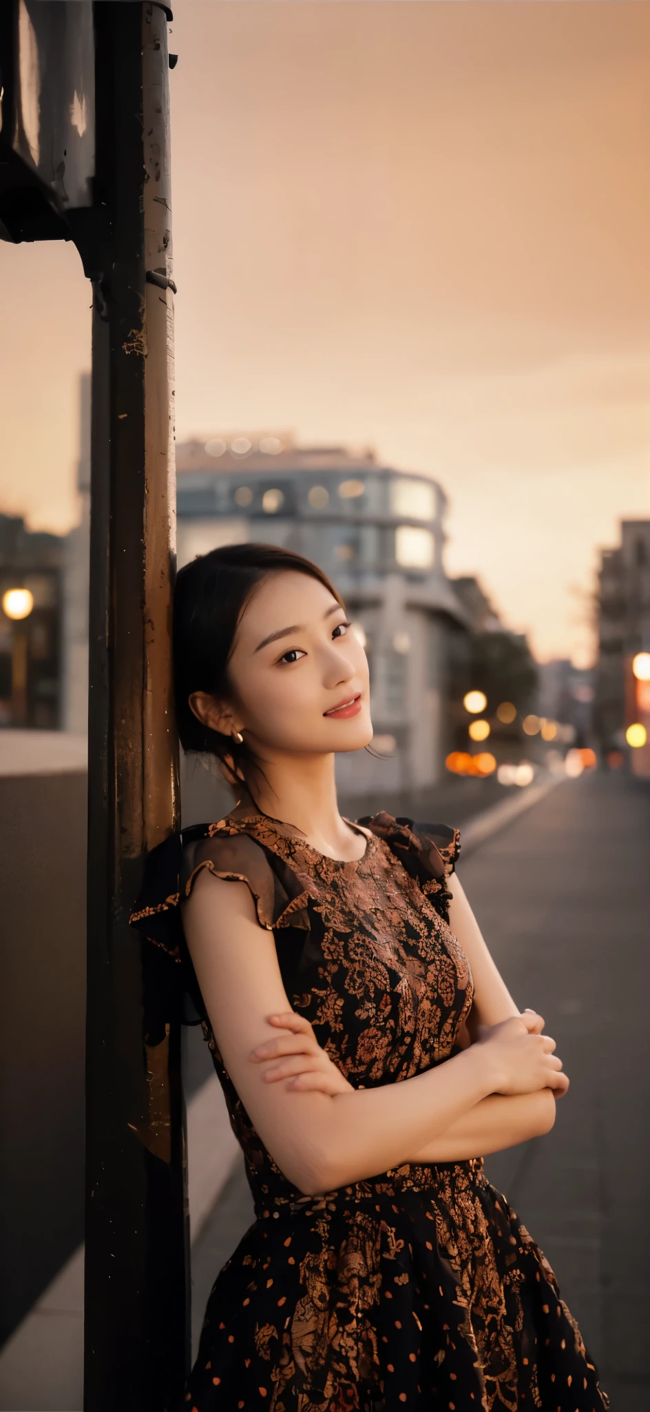 ((Masterpiece, Top image quality, high resolution、alone、skin shiny))(on the table, best quality, (medium breasts:1.5),actual, super detailed, meticulous, high resolution, 8k wallpaper), Close-up portrait of a beautiful woman, like, smiling, light brown messy hair, Perfect dynamic composition, 美丽meticulous的眼睛, Just like the cover of a fashion magazine, on campus,Gorgeous costumes,hot stamping clothing,