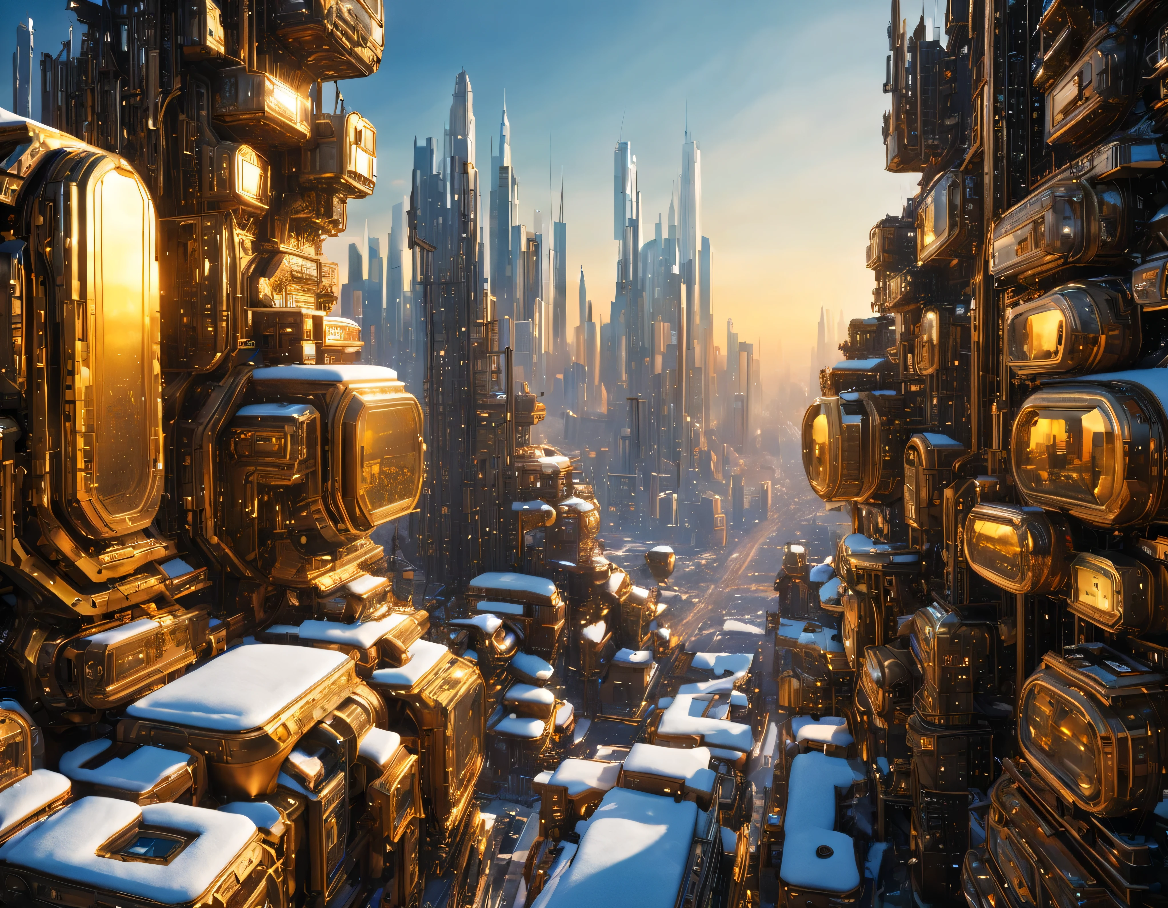 (golden hour lighting),en un hambiente nevado hay una megacity, megalopolis of an imaginary world of science fiction and maximum fantasy, con inmensos edificios ovalados y dodecaedricos agrupados de metal y cristal donde predomina los anuncios luminosos de colores. imagen bien definida 8k, (intrincados detalles de la maquina), con muchos edificios juntos.(obra maestra de superior calidad).(imagen fotorrealista), nitidez absoluta hasta el fondo