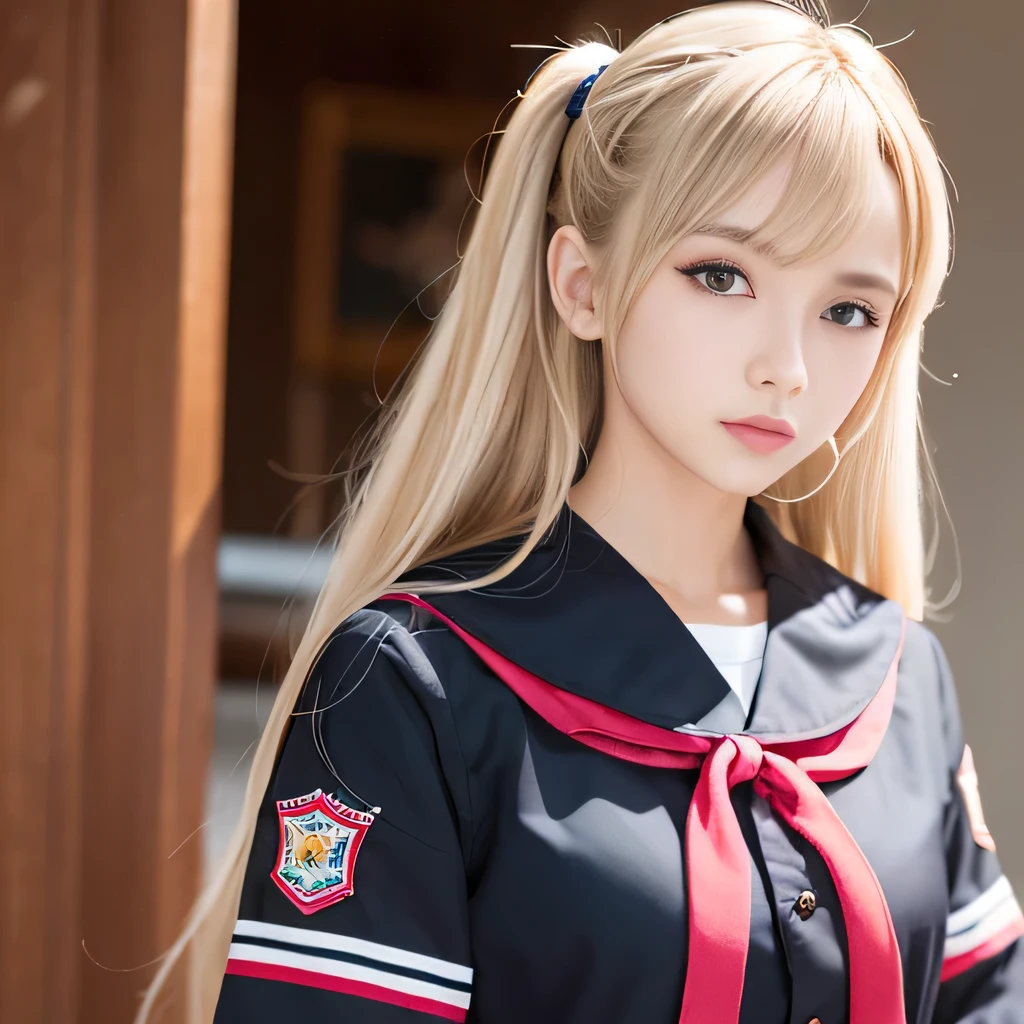 portrait、japanese school uniform、bright look、twin tails、young shiny glossy white shiny skin、best looks、blonde reflection、Platinum blonde hair with dazzling highlights、shiny bright hair,、super long straight hair、Shining beautiful bangs、Sparkling crystal clear charming big blue eyes、A very beautiful and lovely cute 16 year old girl、rich bust、White and beautiful blouse、With slit、((I could see the whole body))、beautiful face、The chest area of the clothes looks tight、Loosening perm、Pleated skirt with plenty of checked pleats、No bra、