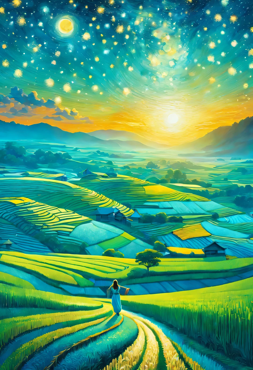 best quality, 8k, High quality, masterpiece: 1.2, Super fine, realism: 1.37, double exposure,
(Endless rice fields and a little girl), blue sky, dreamy atmosphere, bright color palette, Vibrant shades, Impressionist brushstrokes, Subtle lighting effects, sunset on the horizon, Harmony between nature and sky, textured brushstrokes, Abundant and vibrant crops, dusk atmosphere, Tranquil pastoral scenery, Shining stars light up the night, create tranquility、Picturesque setting, Inspired by the style and techniques of Van Gogh. Sublime and atmospheric depiction, ethereal beauty, Fascinating celestial phenomenon,