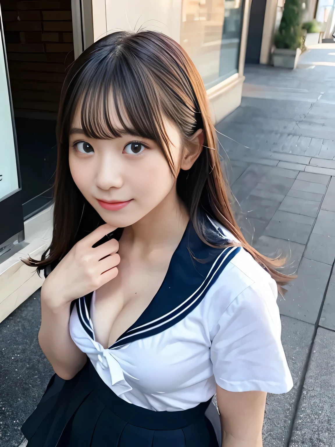 ((I can see the cleavage))、((I can see your breasts))、super highest quality, Japanese、dark makeup、eyeliner、Mr..々hairstyle, girl, 17 years old,、high school,sailor suit、navy blue skirt,Photographed from diagonally above、look up、