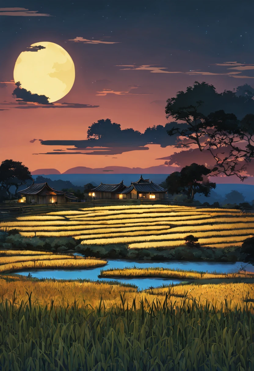 Harvest Moon's Gaze: (masterpiece, high resolution, digital art:1.3), full (harvest moon:1.2) illuminating a serene (rice paddy:1.2), night harvest scene, farmers with (lanterns:1.1), casting warm glows, (shimmering water surface:1.2), (rows of ripe rice:1.1), bamboo hats reflecting moonlight, (crisp nighttime air:1.1), gentle rustling of stalks, distant (mountain silhouettes:1.1), stars twinkling above, fireflies dancing among the fields, (village festival lights:1.1) in the far off, gathering of harvest bounty, peaceful end to the day, (cool blue and warm yellow tones:1.1), intimate, atmospheric, aesthetic