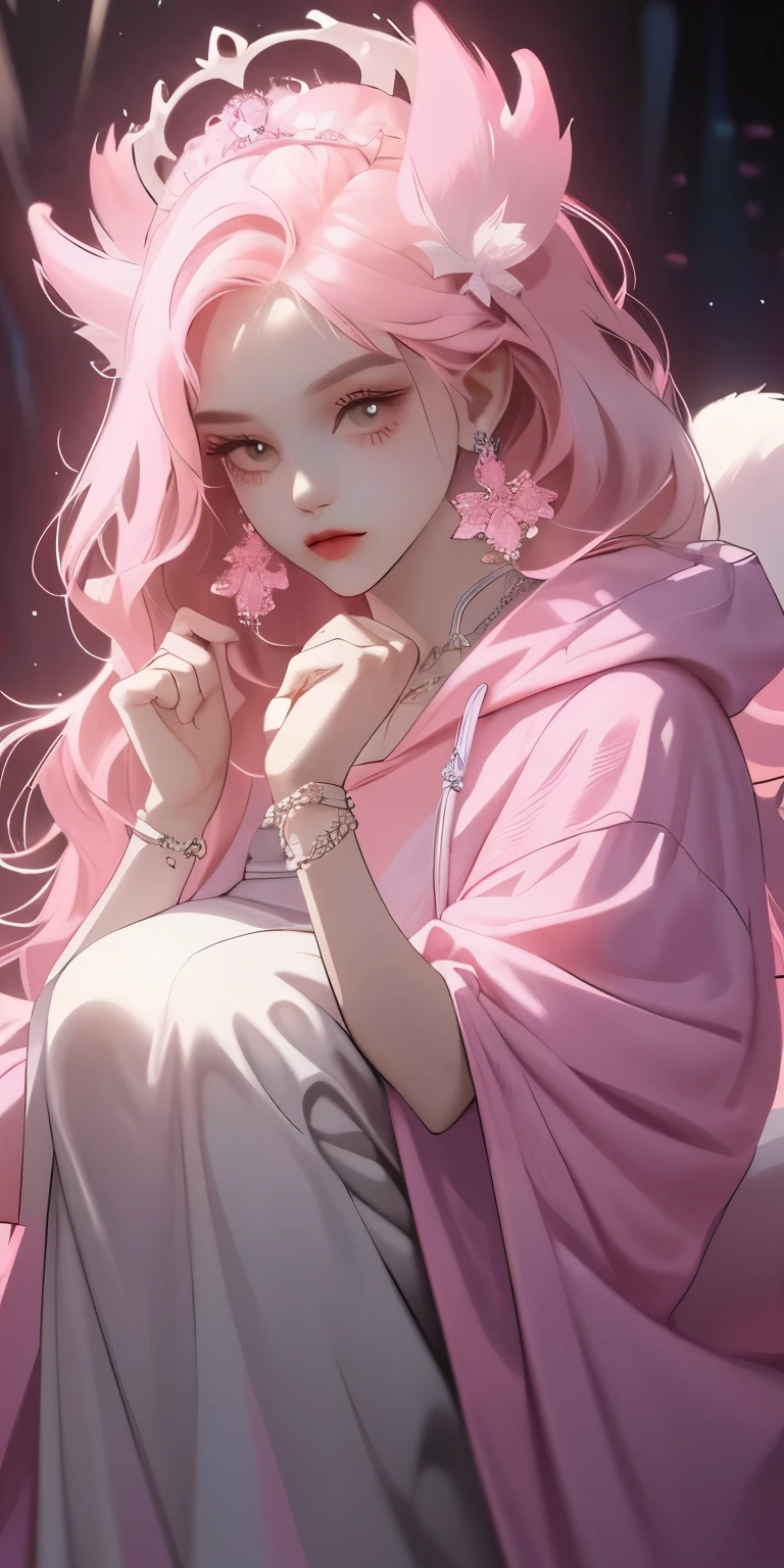 , huge, Double tail, pink hair, Hoodies, retro gothic, posture, Lovely, face up, high quality, necklace, ring, bracelet, earrings，long legs，looking down
