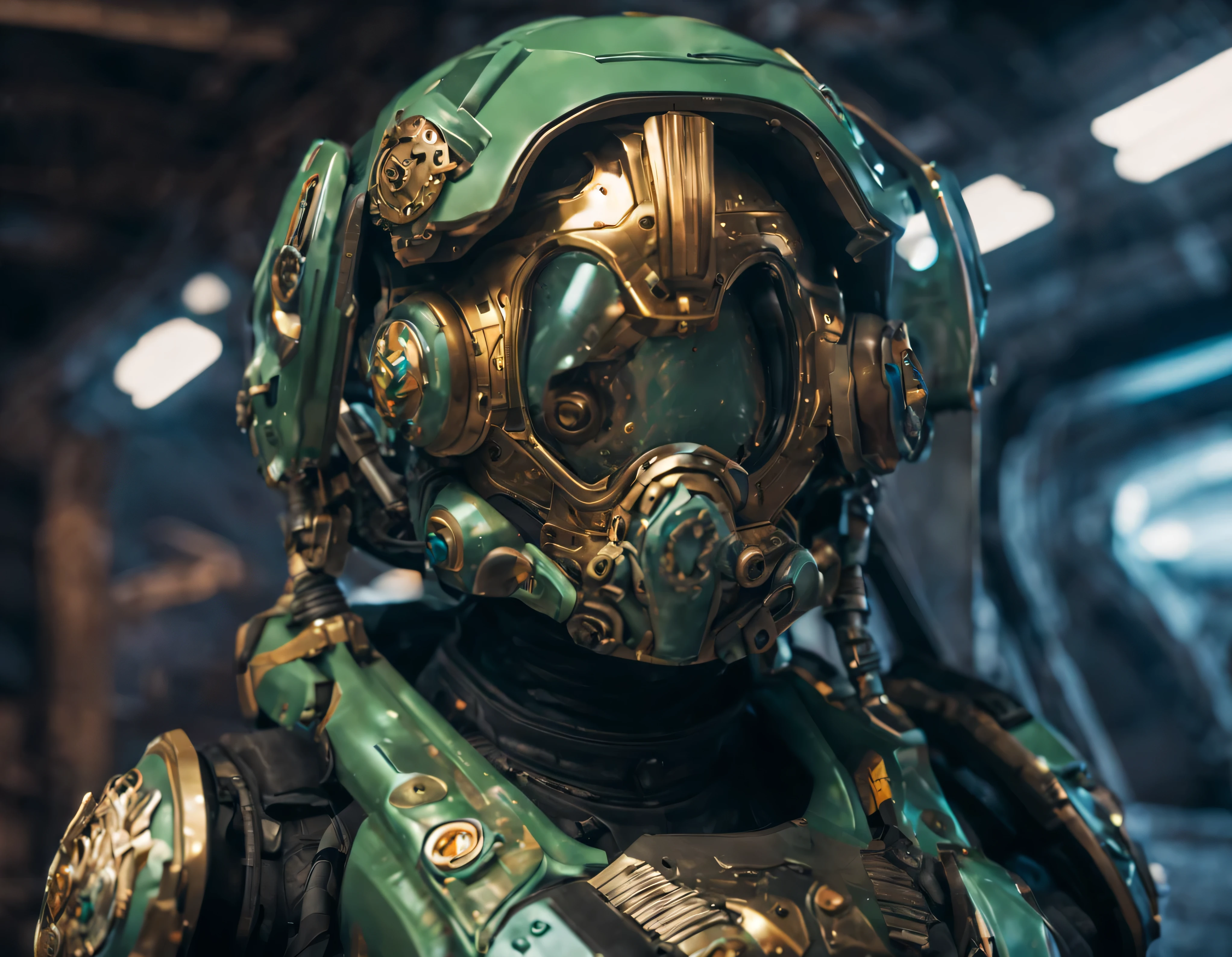((cuerpo completo)), hembra alienigena , bellisima, ojos verdes, piel celeste pastel, casco, gafas, sonriente, de pie, vestida con traje gears of war,  engarzado con oro refulgente, piedras preciosas de colores y diamantes, casco (se encuentra en centro de control de estacion espacial),detalles intrincados de la maquina de alta calidad), estilo cinematografico, nitidez absoluta, imagen 8k.(obra maestra).fondos de pantalla, ultra detallado.