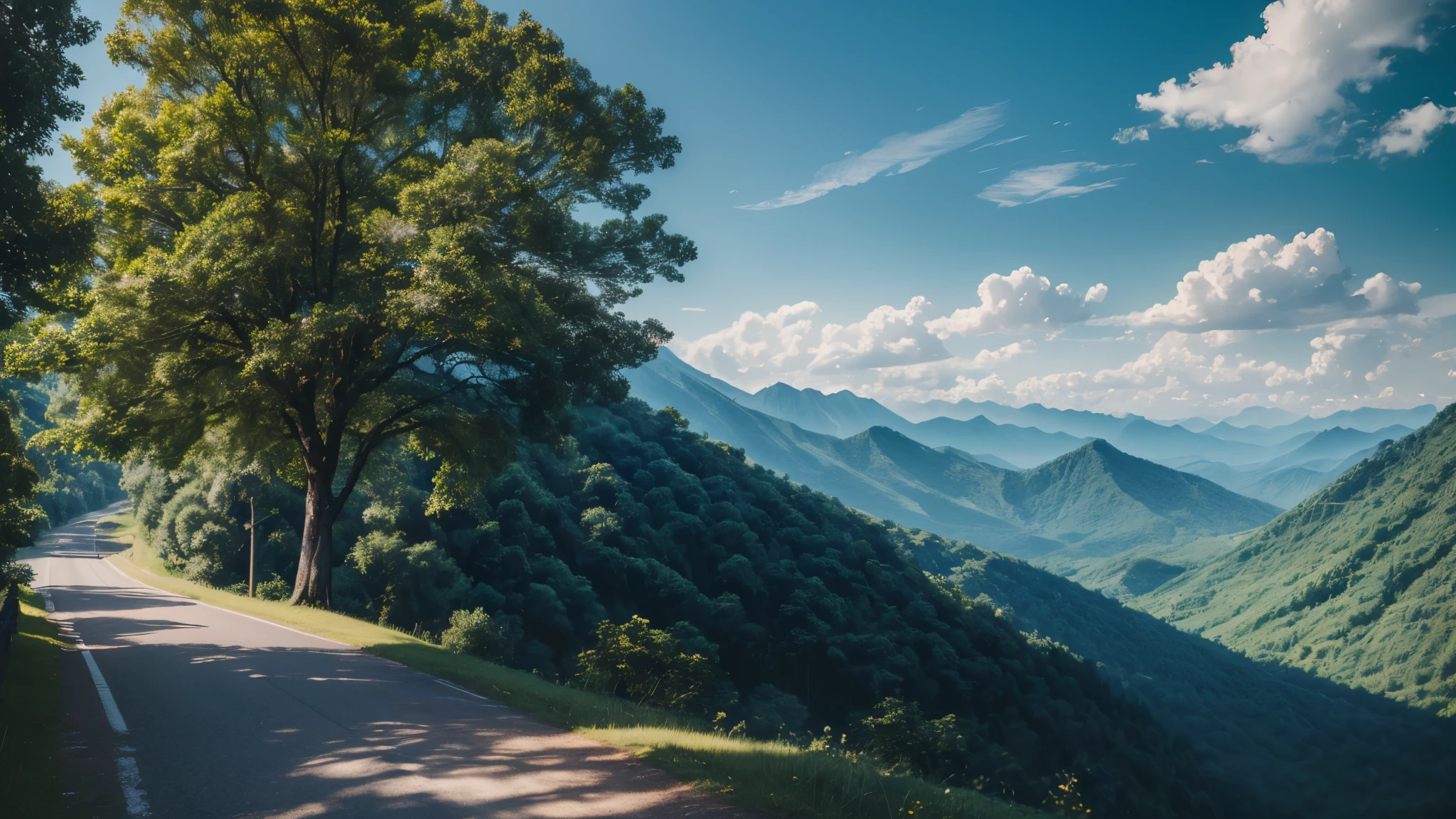 (masterpiece, best quality, hires, high resolution:1.2), extremely detailed, RAW PHOTO, Analog film photograph, RAW PHOTO, Analog film photograph, photoshoot , realistic, hyper realistic, mountain road view blue sky green tree thai view asian no car