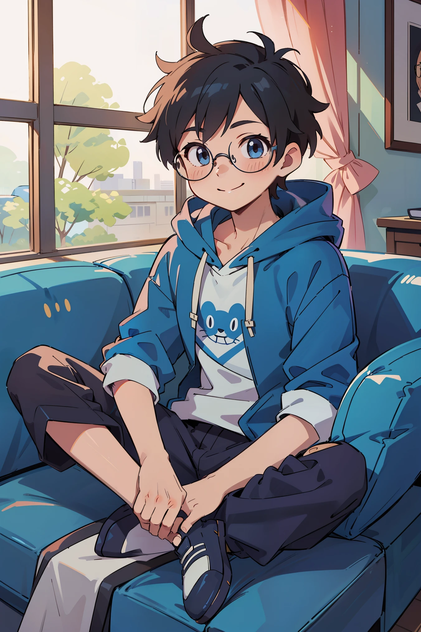 Handsome Anime boy, black curly hair, glasses, smiling, blue hoodie, sitting on a couch, (1boy), high quality, Anime style