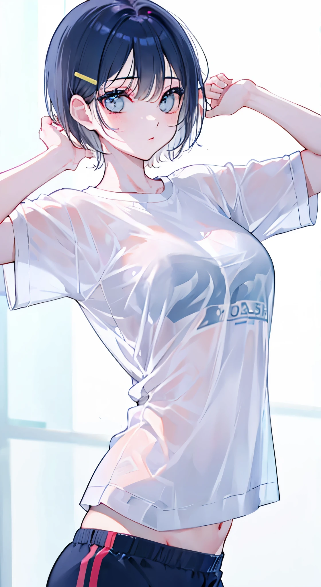 "(perfect masterpiece:1.2), (highest quality:1.2), stunning face, mature and chubby, Big eyes, compensate, long and luxurious eyelashes, lip whole, irresistible charisma.",belly button,(((girl like boy))),(((very short hair))),腹logic,raised his arms,NSFW,(((logic))),sports pants,sportswear,hair clip,training,Sweat,yoga,wallpaper,white t-shirt,small breasts